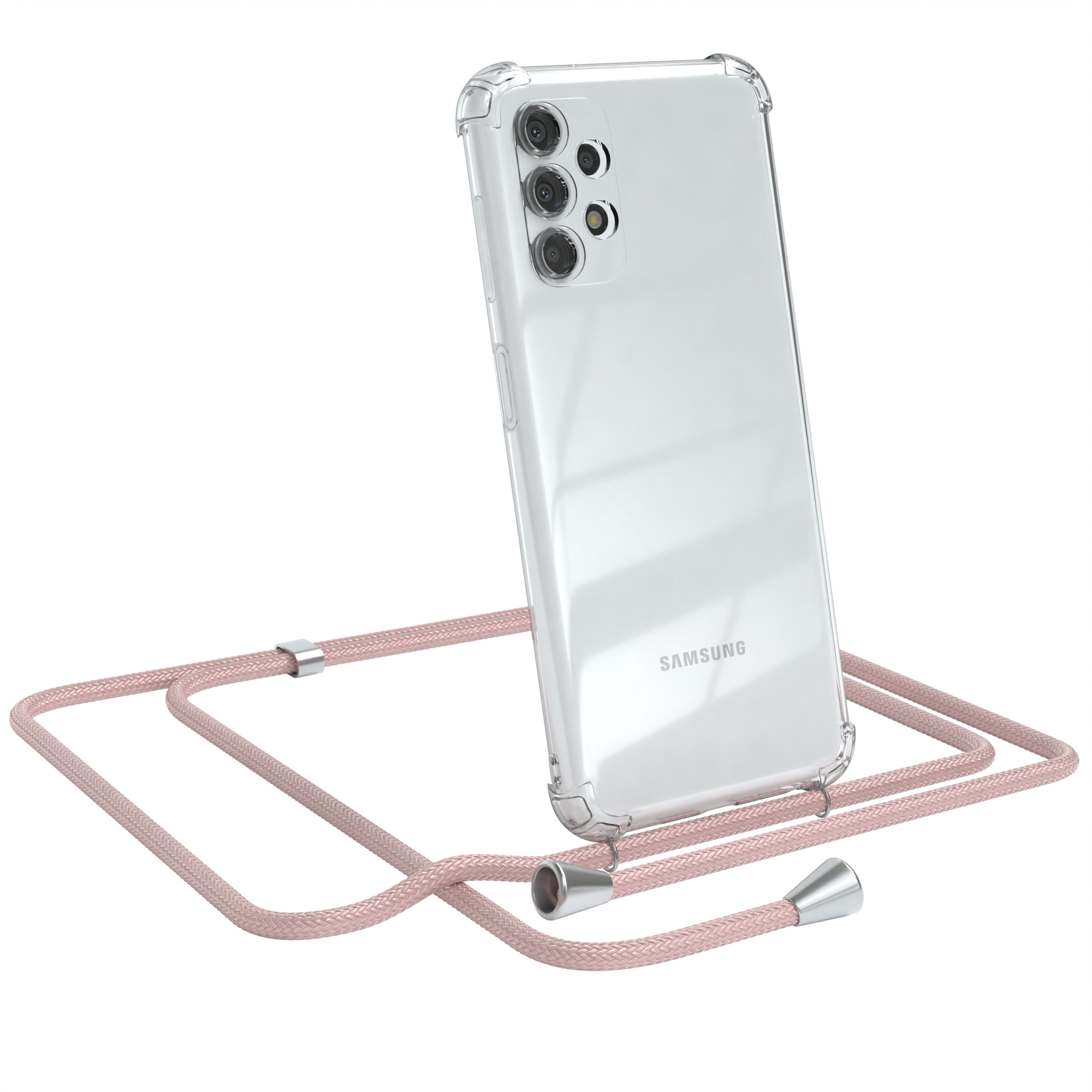 Weißes Telefon in einer transparenten Hülle mit rosa Riemen. Das Telefon lehnt sich an den Riemen.
