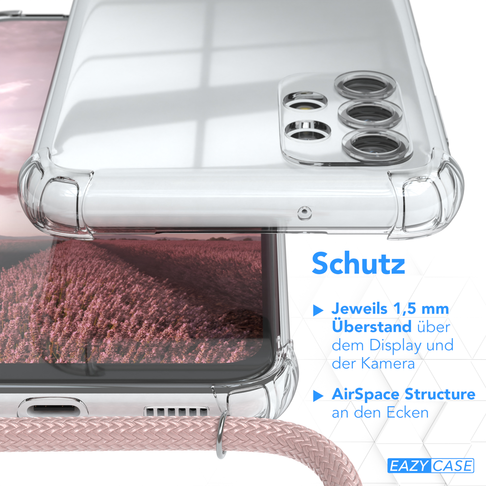 Nahaufnahme einer durchsichtigen Handyhülle, die ein Telefon schützt. Text: 'Schutz' und zeigt Schlüsselfunktionen.