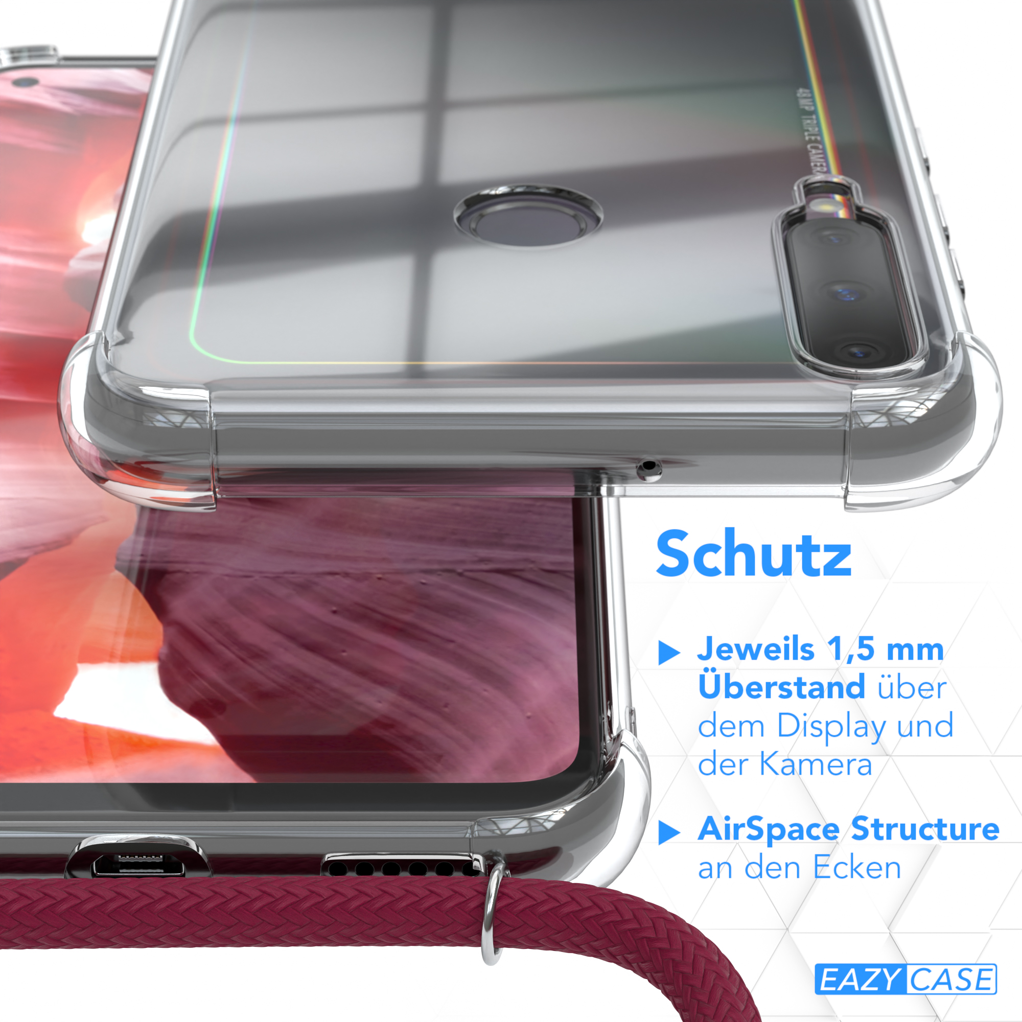 Transparente Handyhülle mit weinrotem Kabel, Telefondetail und rotem Bild.