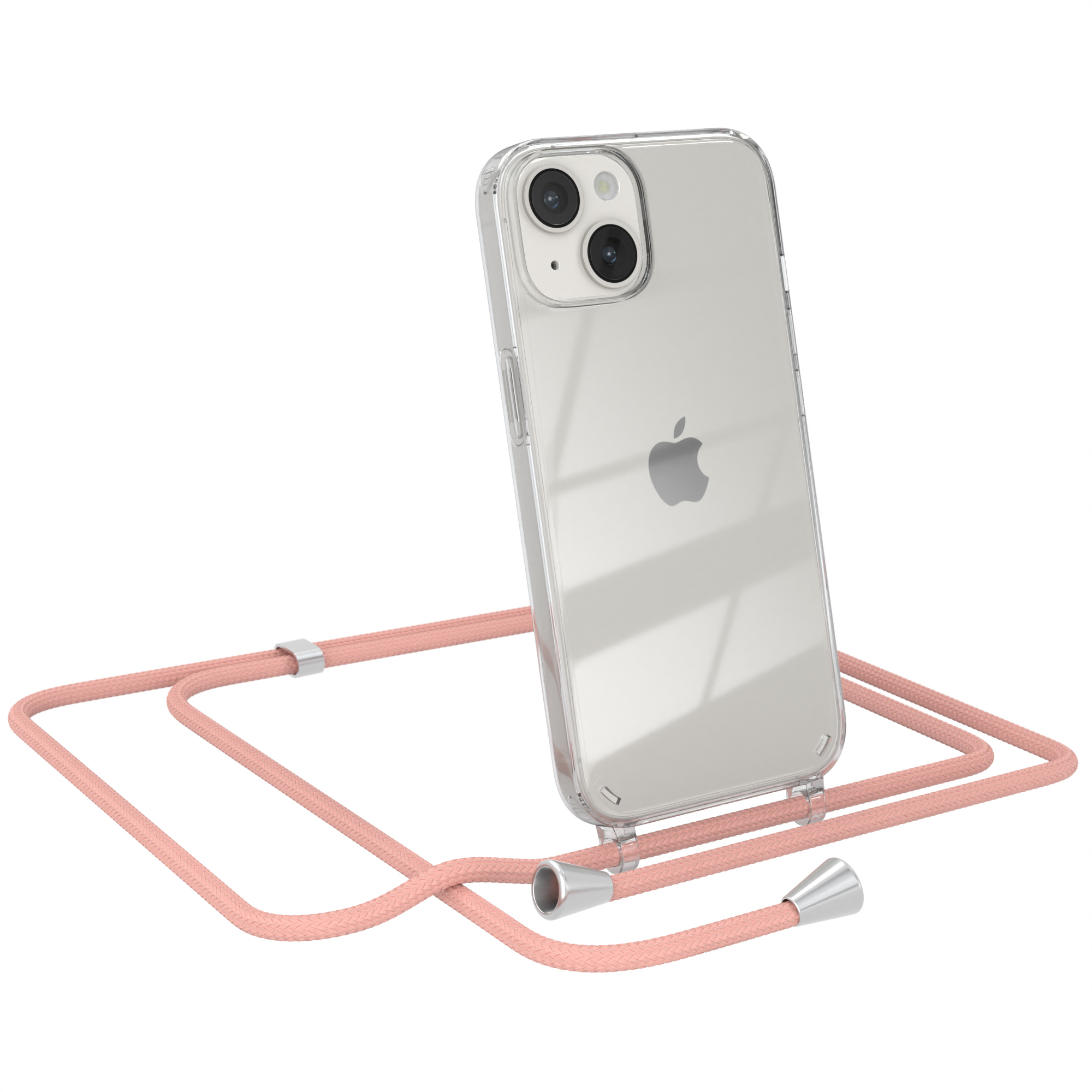 Ein iPhone in einer transparenten Hülle mit einer rosa Kordel.
