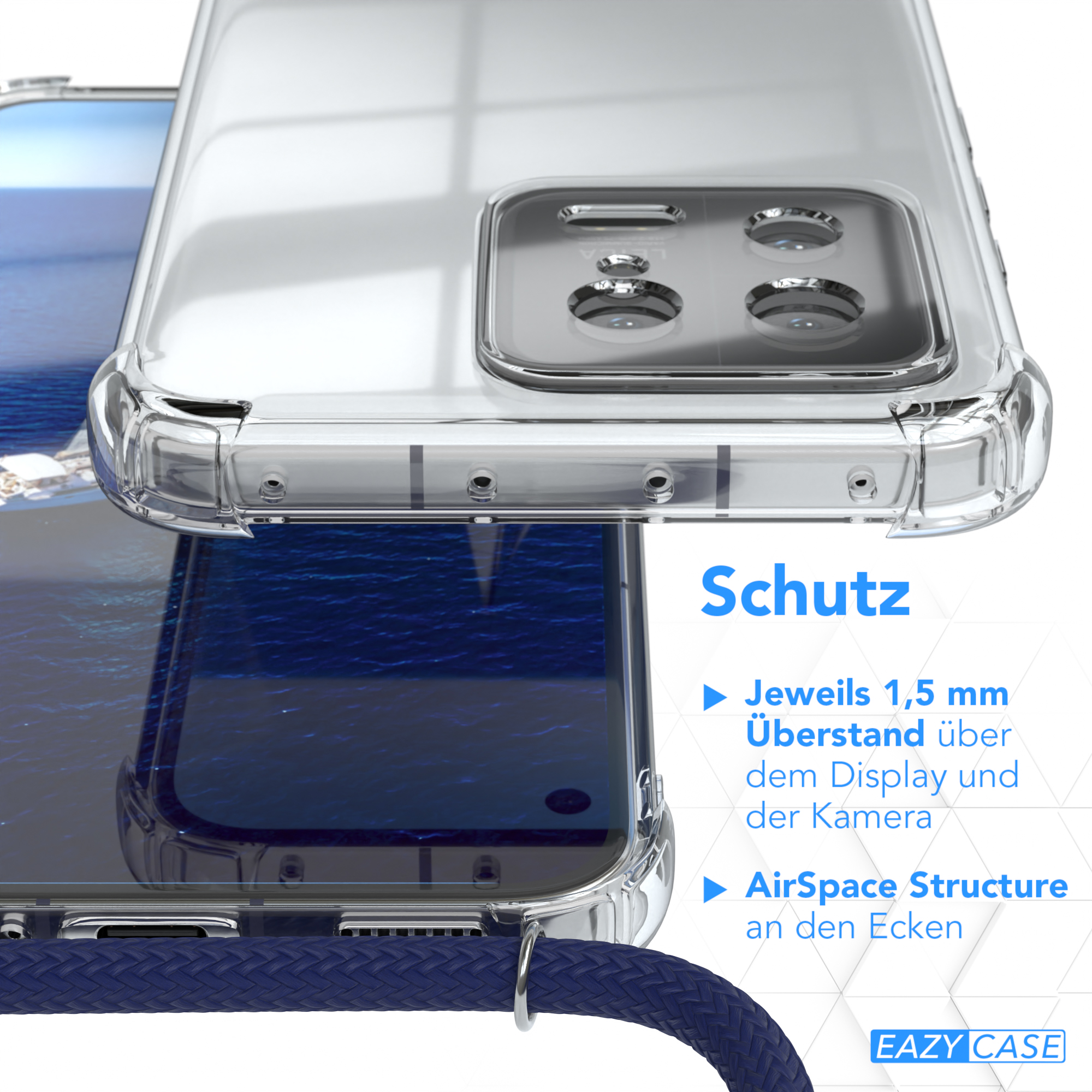 EAZY CASE Clear Cover Clips / Xiaomi, Umhängetasche, Silber mit 13, Blau Umhängeband
