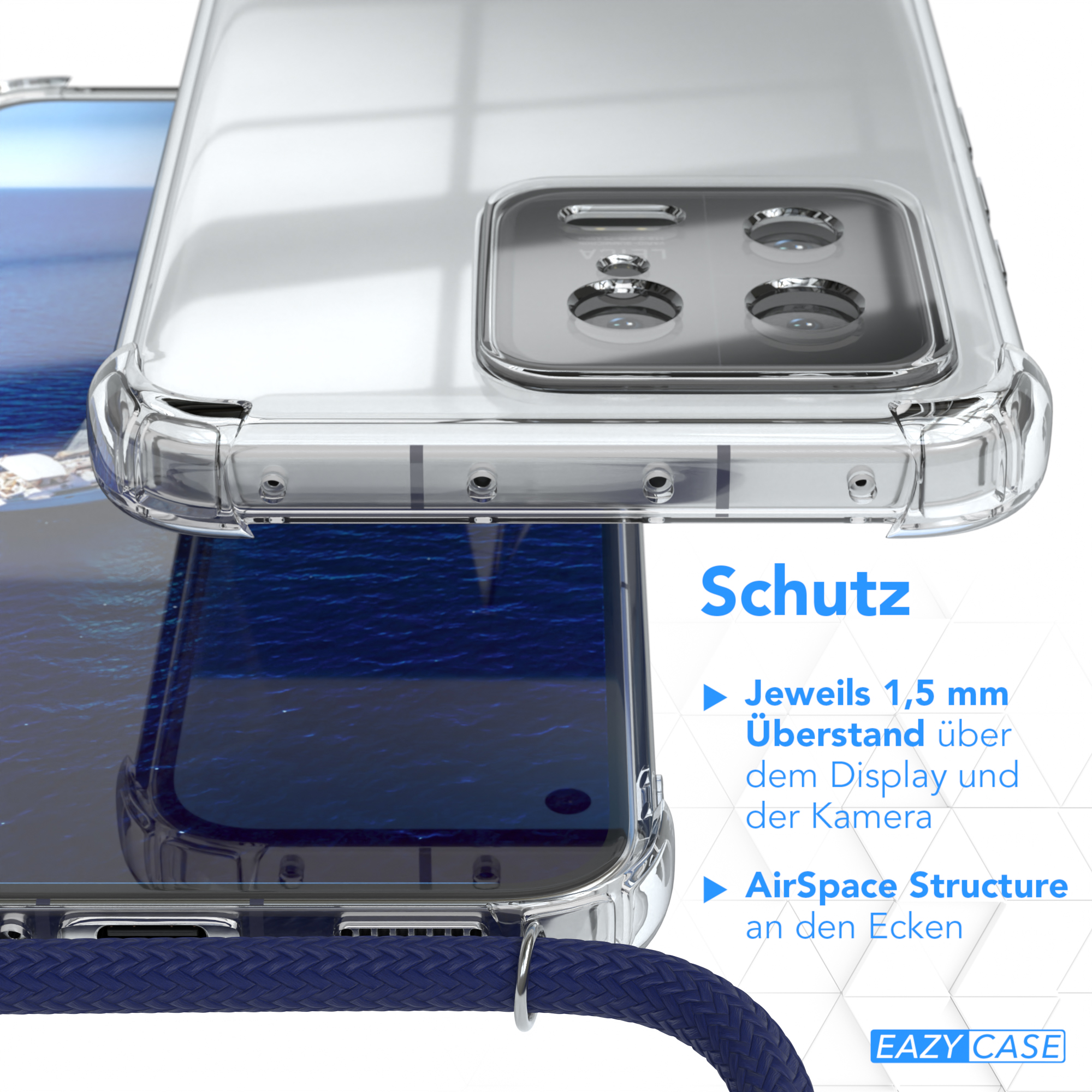Nahaufnahme einer Handyhülle, die Kanten und Schutzfunktionen zeigt.