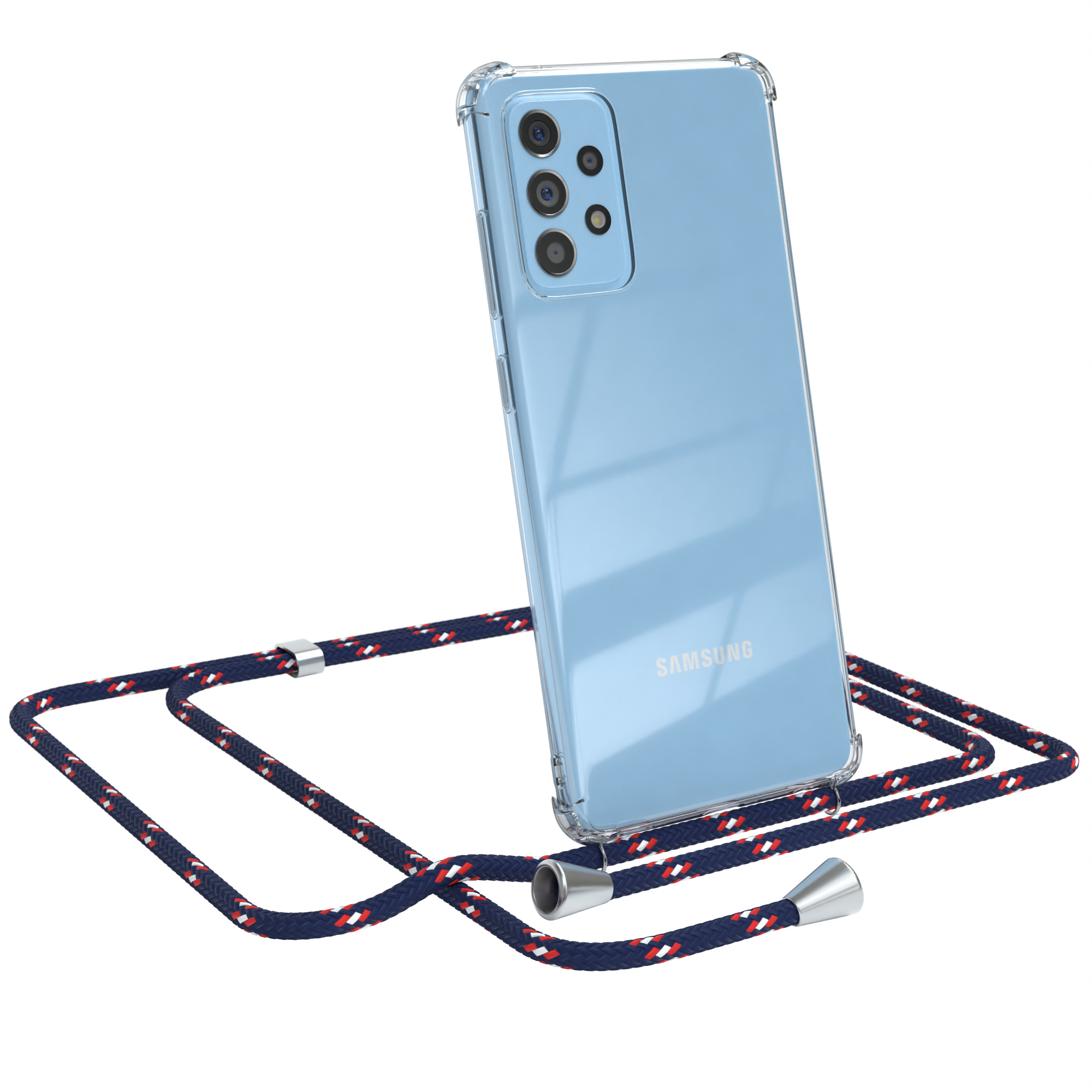 Transparente Handyhülle mit blau-roter Kordel. Ein Samsung-Handy ist in der Hülle, weißer Hintergrund.