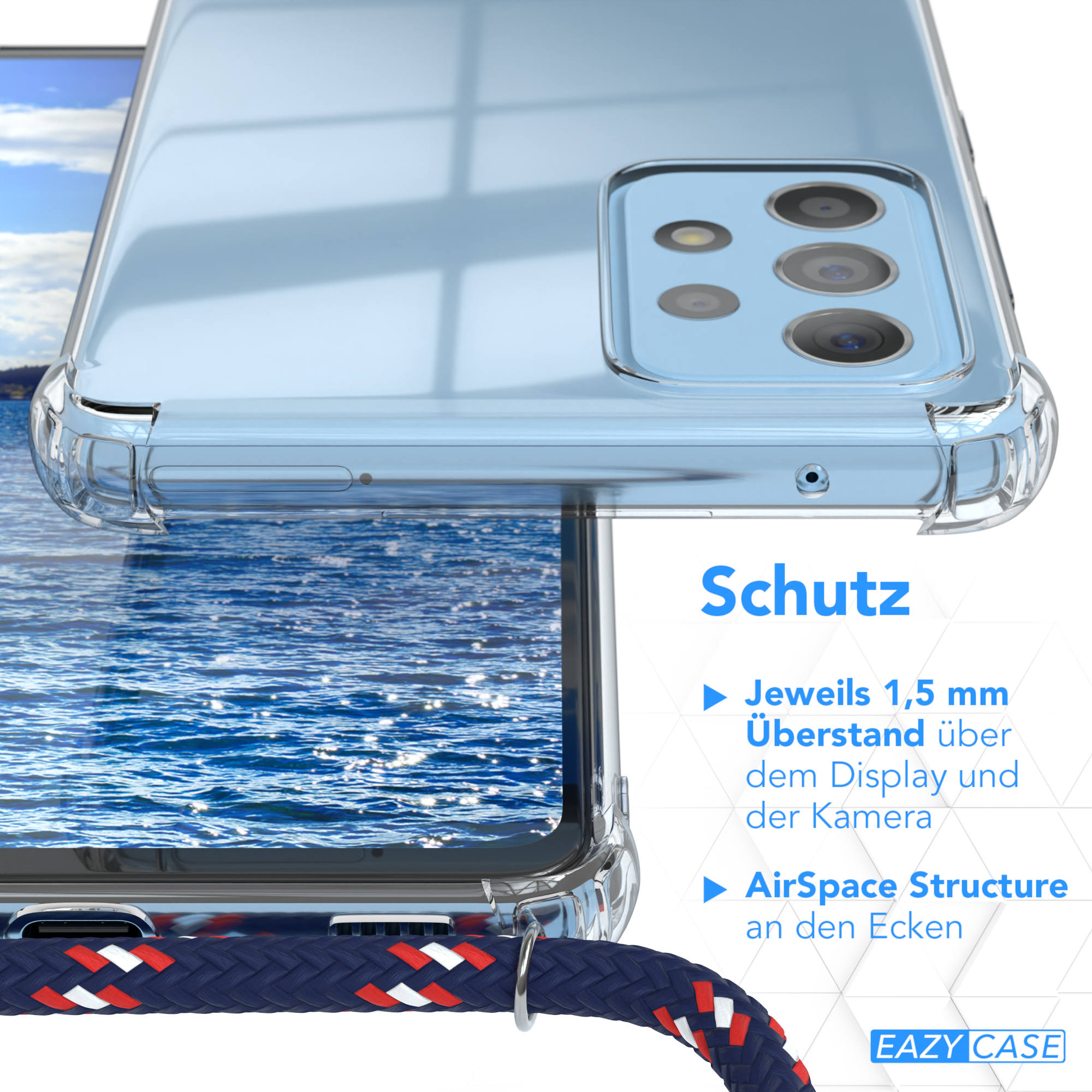 Nahaufnahme einer Handyhülle, die die Kanten und den Lanyard-Anschluss hervorhebt.