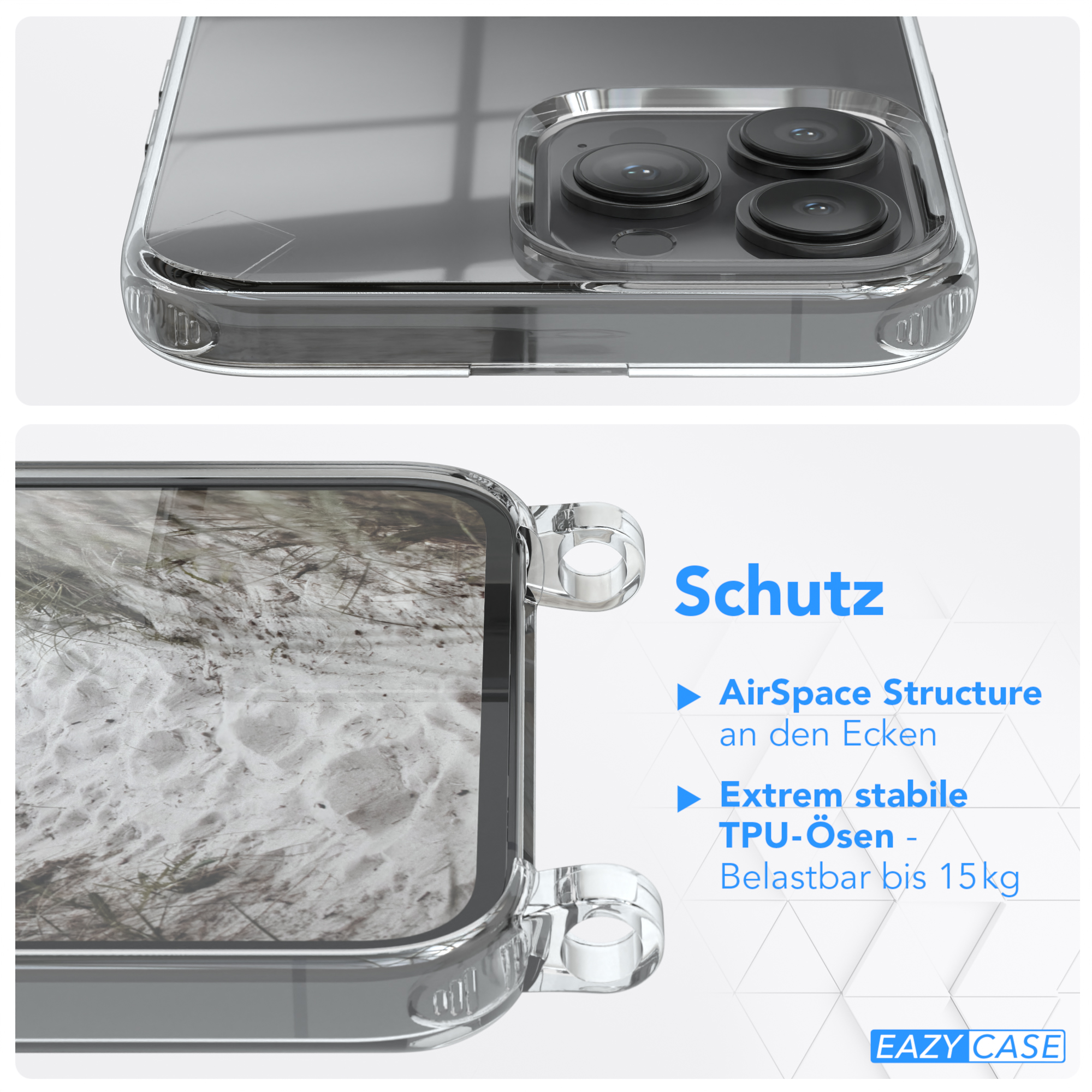 Eine transparente Handyhülle, die Schutzdetails zeigt.