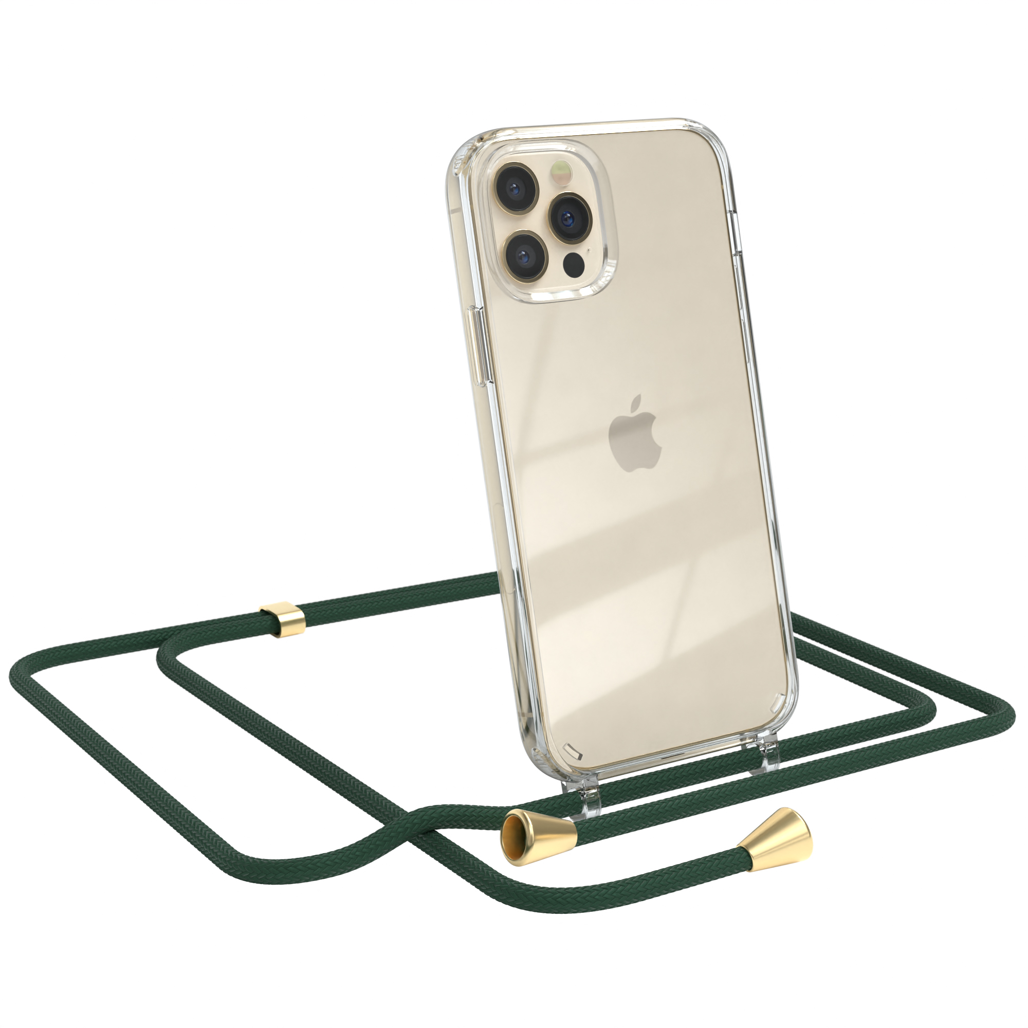 Telefon mit transparentem Gehäuse und grünem Riemen. iPhone mit mehreren Kameras.