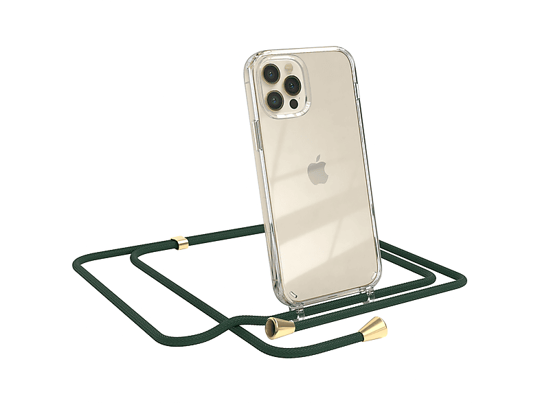 EAZY CASE Clear Cover mit Umhängeband, Umhängetasche, Apple, iPhone 12 / 12 Pro, Grün / Clips Gold