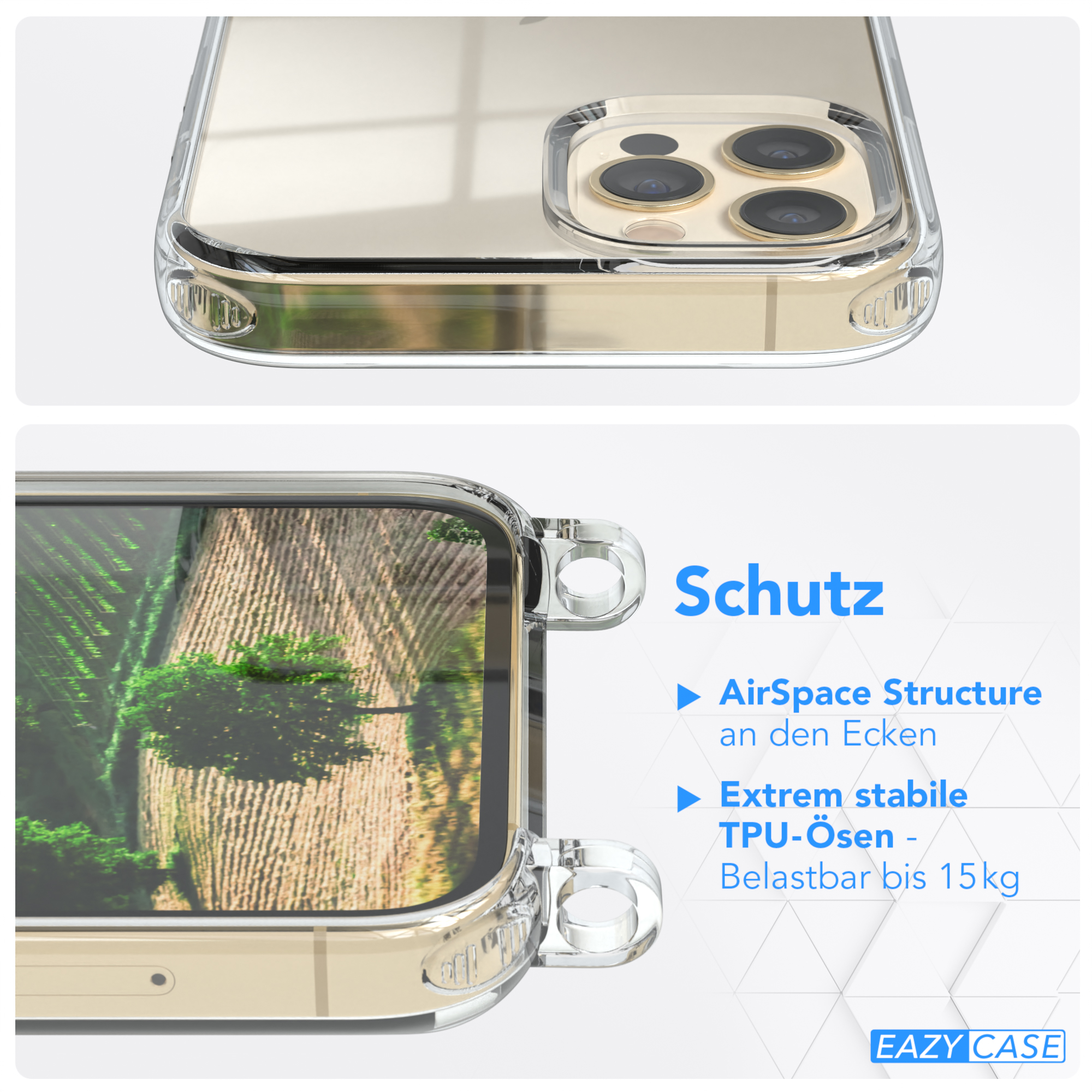 EAZY CASE Clear 12 / Grün Apple, iPhone / Umhängeband, Cover mit Gold Clips Umhängetasche, 12 Pro