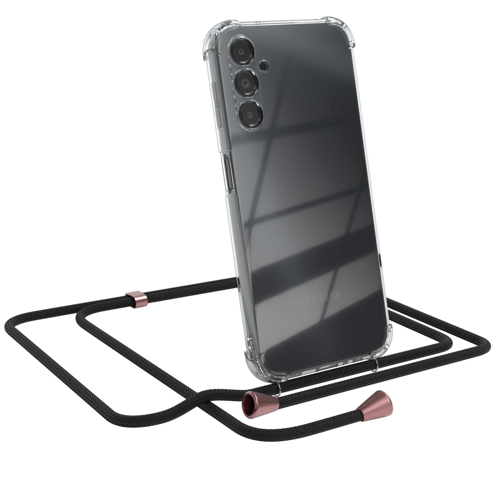Klares Samsung-Telefon mit schwarzem Lanyard. Roségold-Akzente. Weißer Hintergrund.