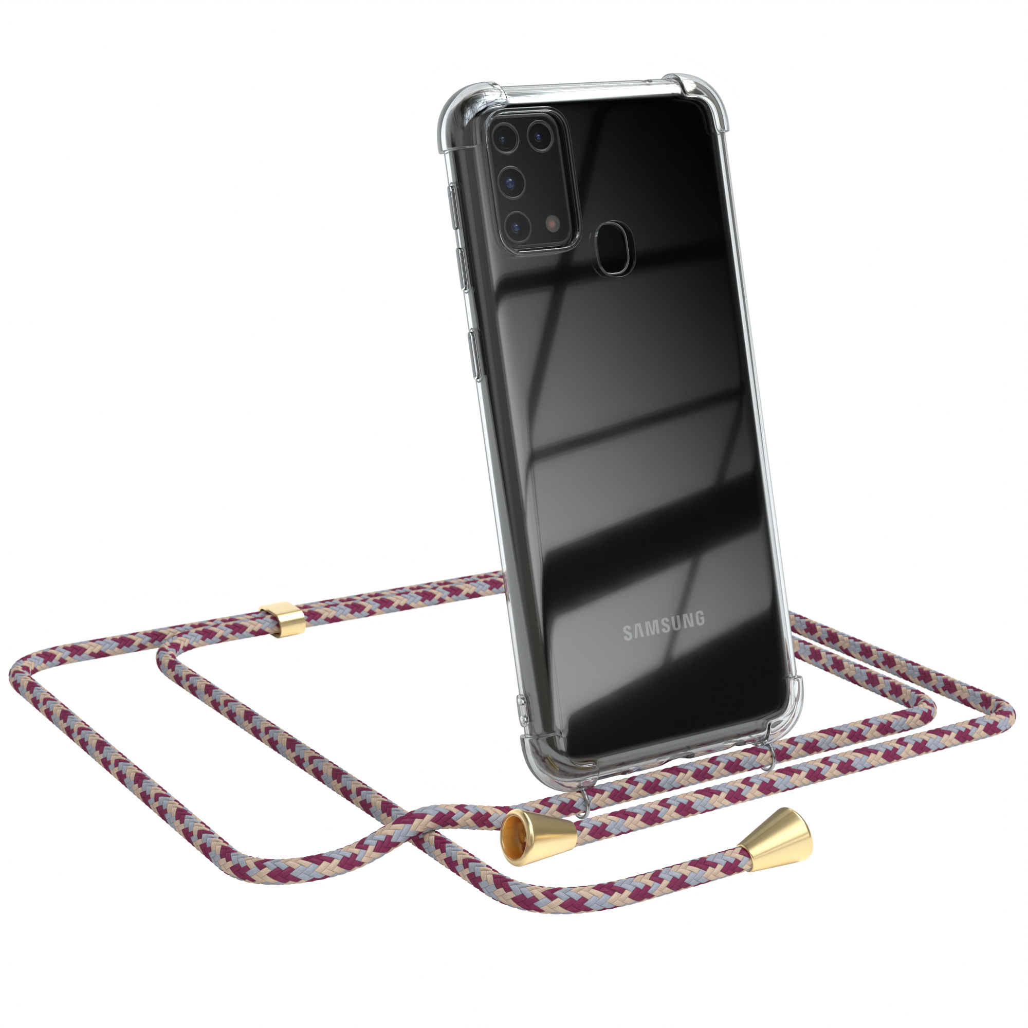 Klare Handyhülle mit mehrfarbigem Kabel. Samsung-Telefon. Weißer Hintergrund.