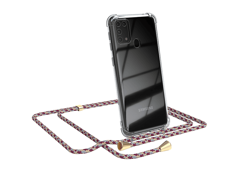 EAZY CASE Clear Cover mit Umhängeband, Umhängetasche, Samsung, Galaxy M31, Rot Beige Camouflage / Clips Gold