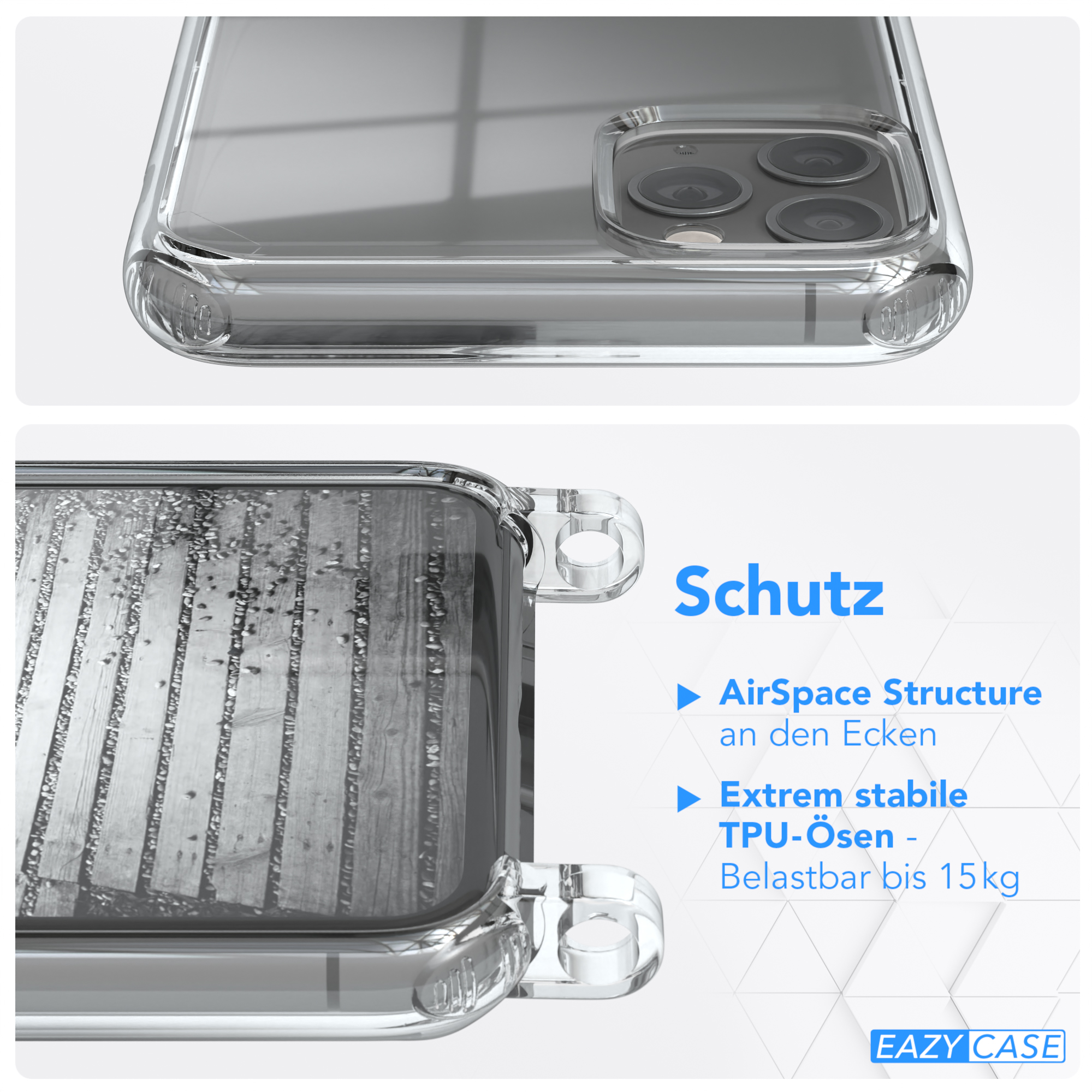 Zwei Bilder einer transparenten Handyhülle. Der Text weist auf 'AirSpace Structure' und 'TPU-Ösen' hin.