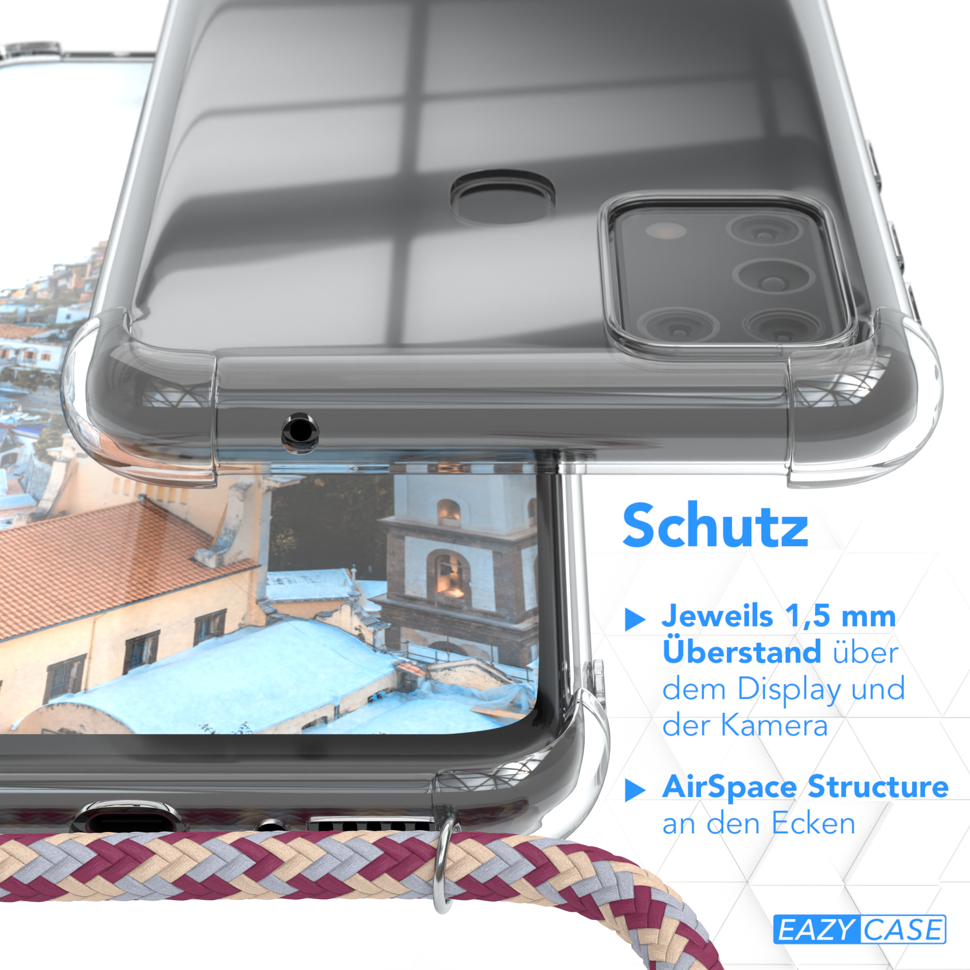 Eine transparente Handyhülle. Details der Hülle, über Display und AirSpace Structure.