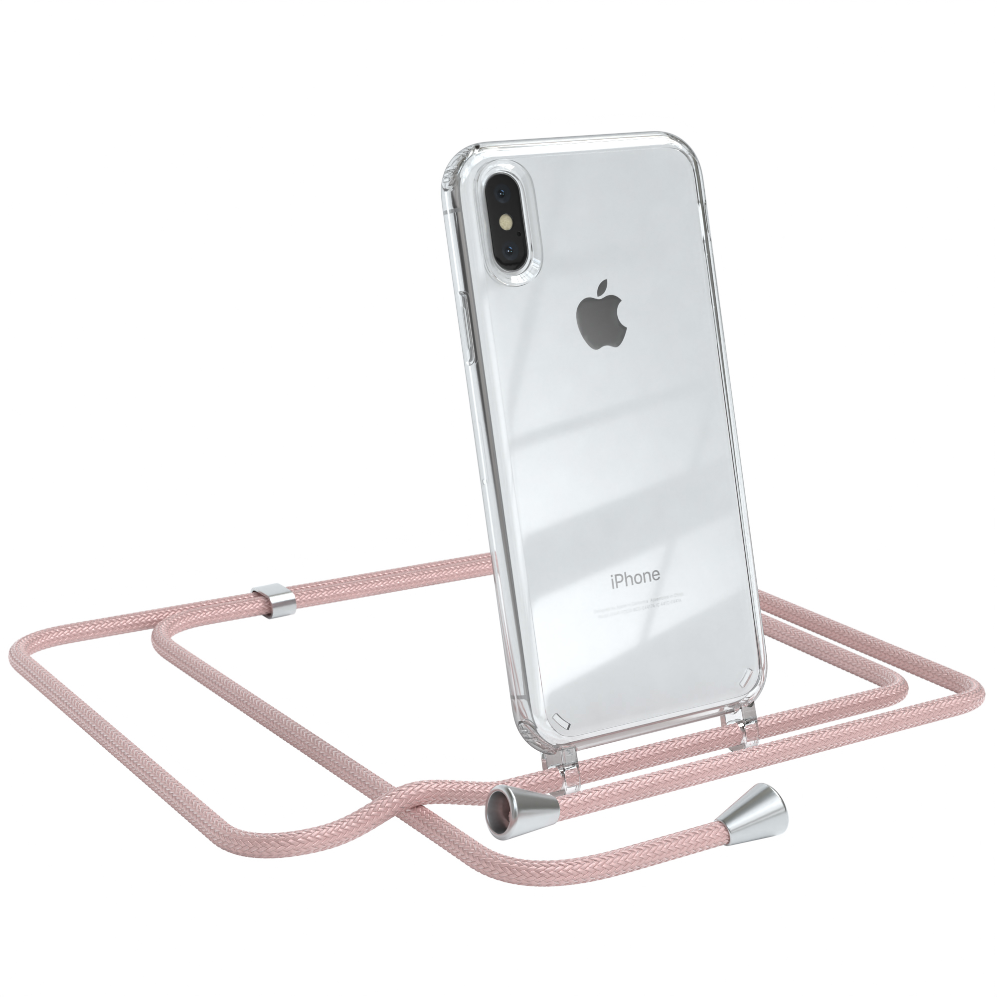 Transparente Handyhülle mit rosa Lanyard. Ein Apple-Logo befindet sich auf dem Telefon.