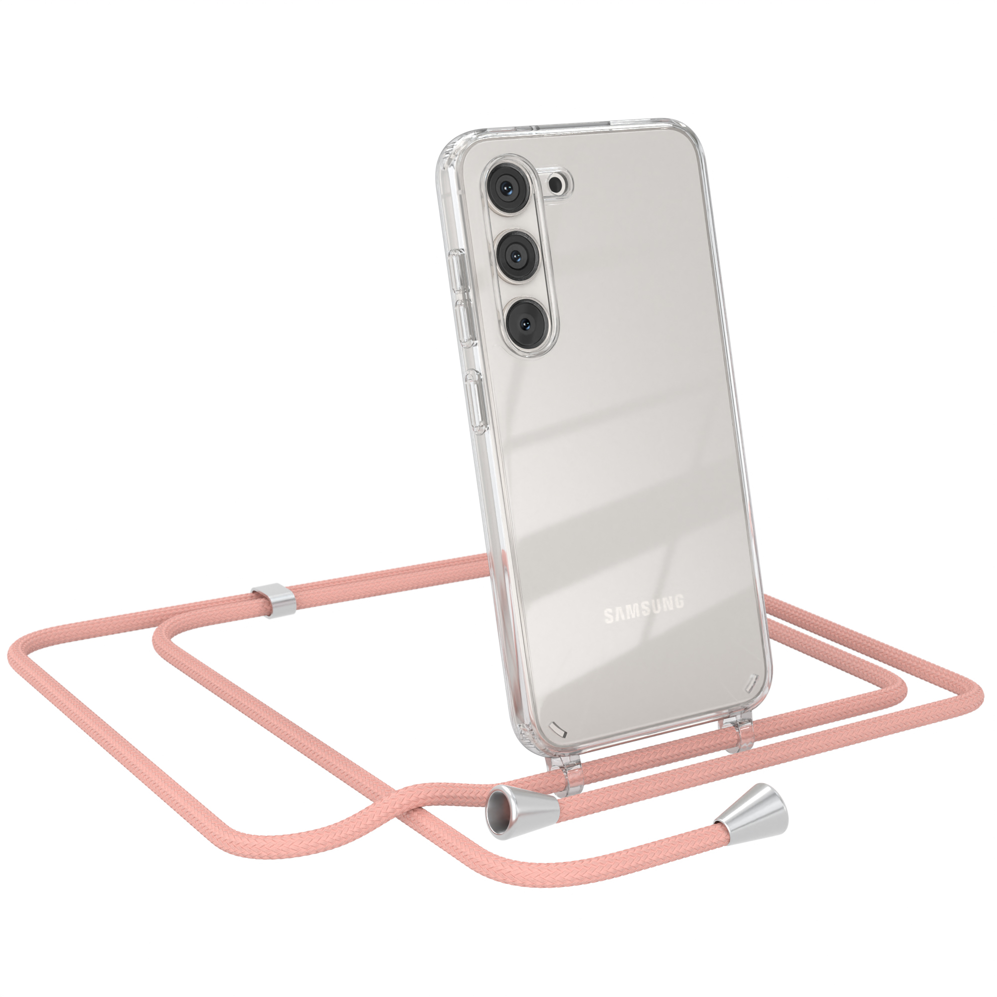 Samsung-Telefon in klarer Hülle mit pinkfarbenem Lanyard. Weißer Hintergrund.