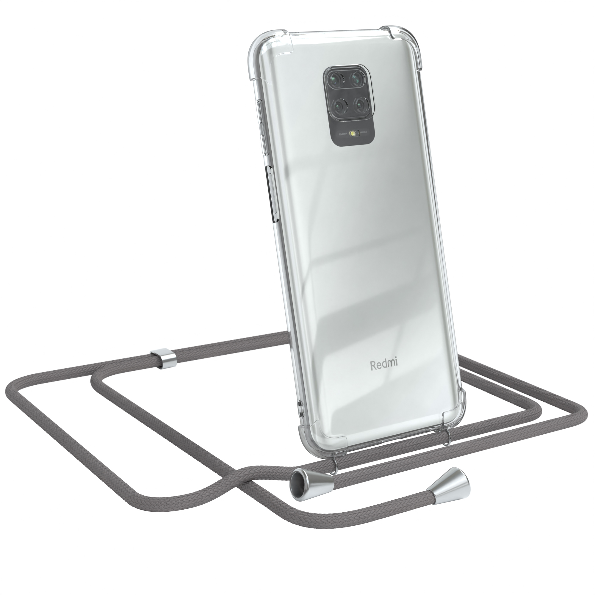 Klare Handyhülle mit grauem Lanyard. Ein Redmi-Telefon befindet sich in der Hülle.