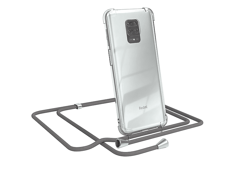 EAZY CASE Clear Cover mit Umhängeband, Umhängetasche, Xiaomi, Redmi Note 9S / 9 Pro / 9 Pro Max, Grau / Clips Silber