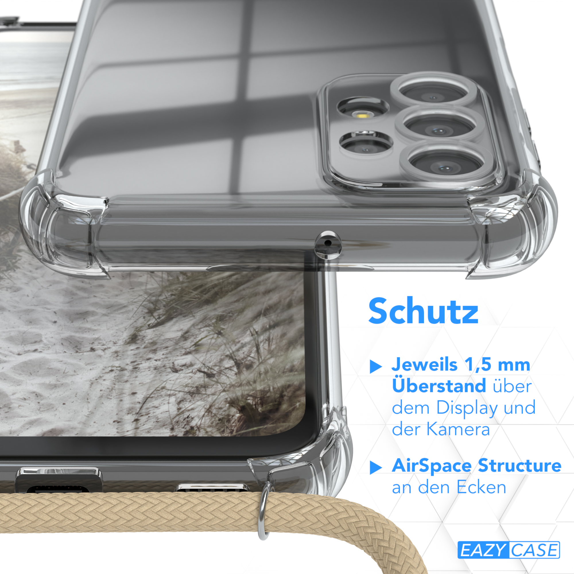 Transparente Handyhülle, die die Kamera und das Kabel im Detail zeigt. Der Hintergrund ist hellbraun.