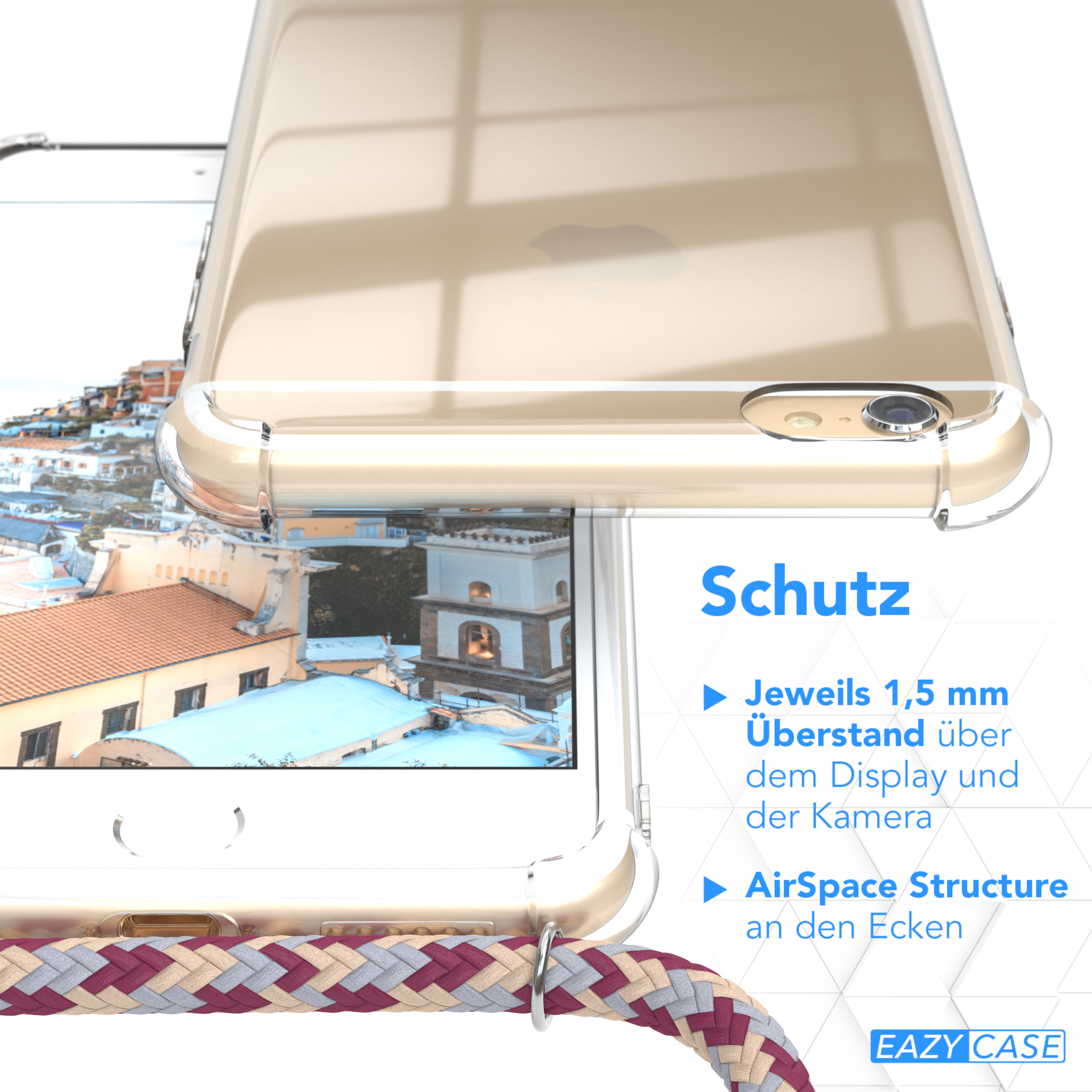 Nahaufnahme einer Handyhülle, klar und zeigt Kanten, mit einem Umhängeband. Text über Schutz.
