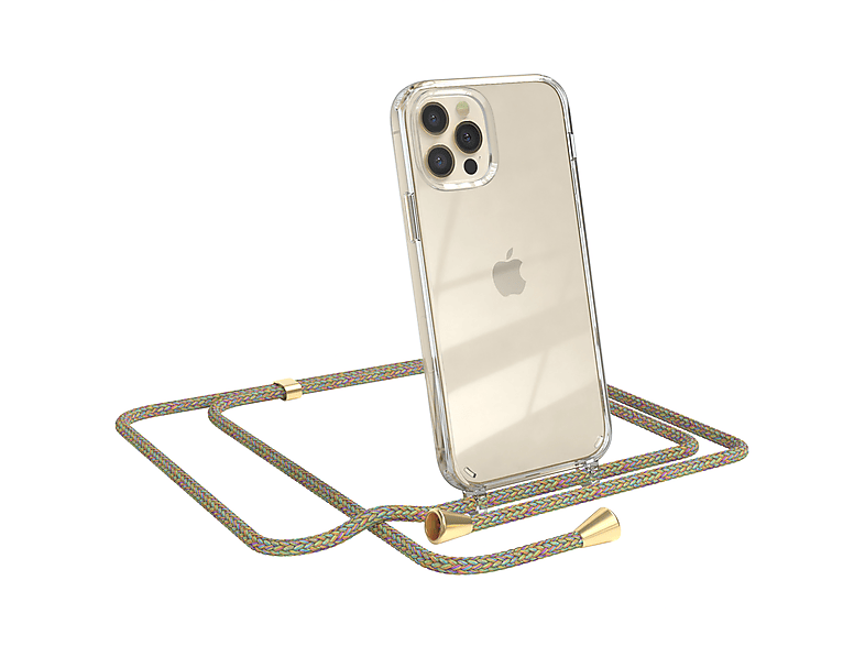 EAZY CASE Clear Cover mit Umhängeband, Umhängetasche, Apple, iPhone 12 / 12 Pro, Bunt / Clips Gold