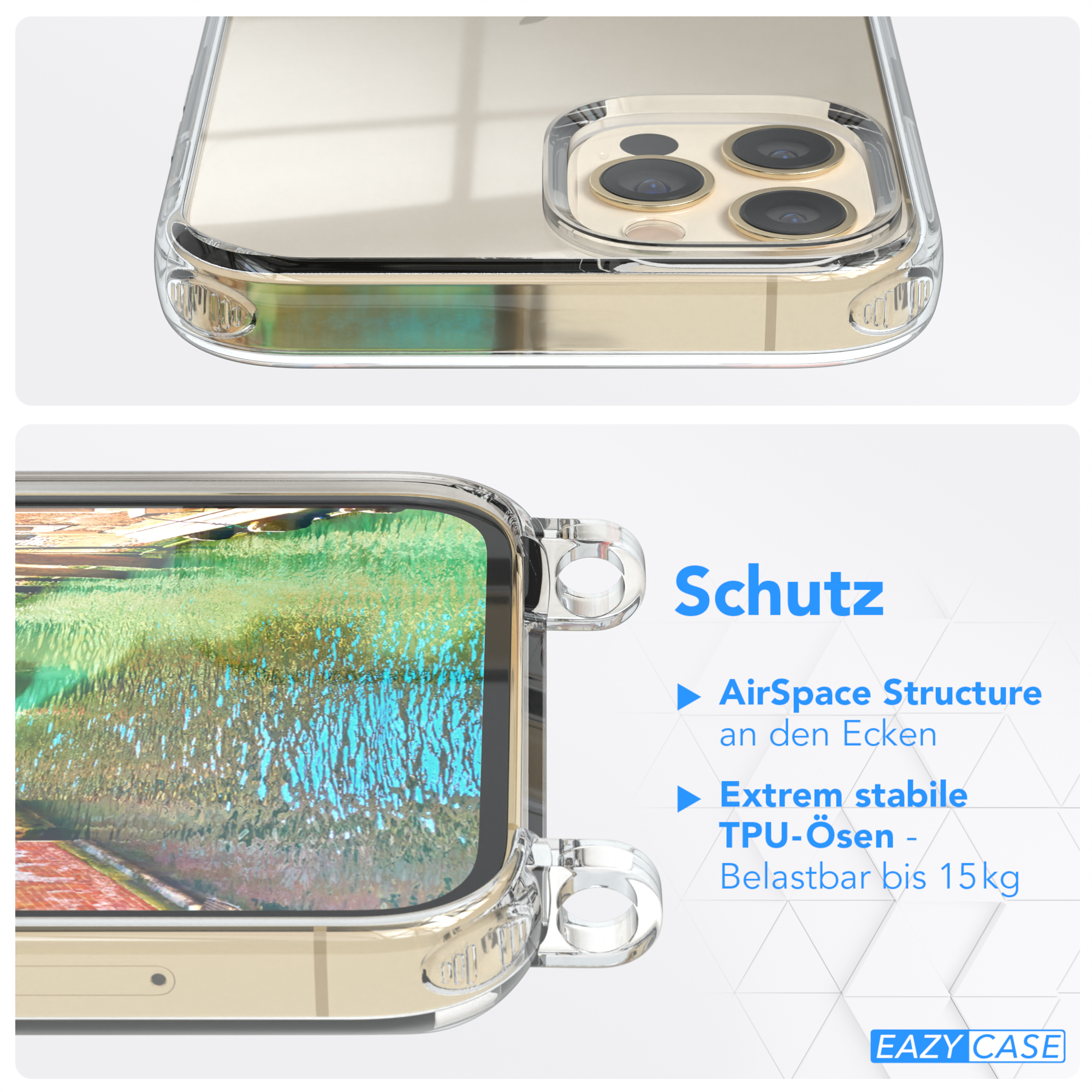 EAZY CASE Clear Cover mit Clips Pro, Apple, Umhängeband, Bunt / iPhone 12 / Umhängetasche, 12 Gold