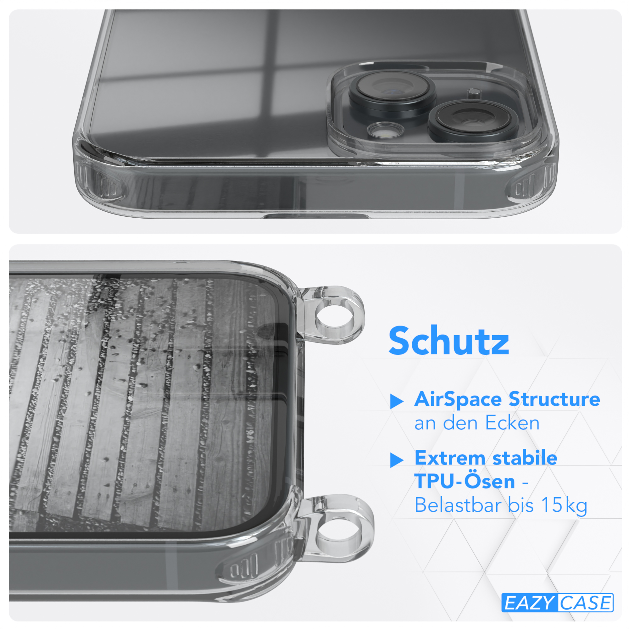 Transparente Handyhülle mit silbernem Ring, Telefondetail und Holzbrett.