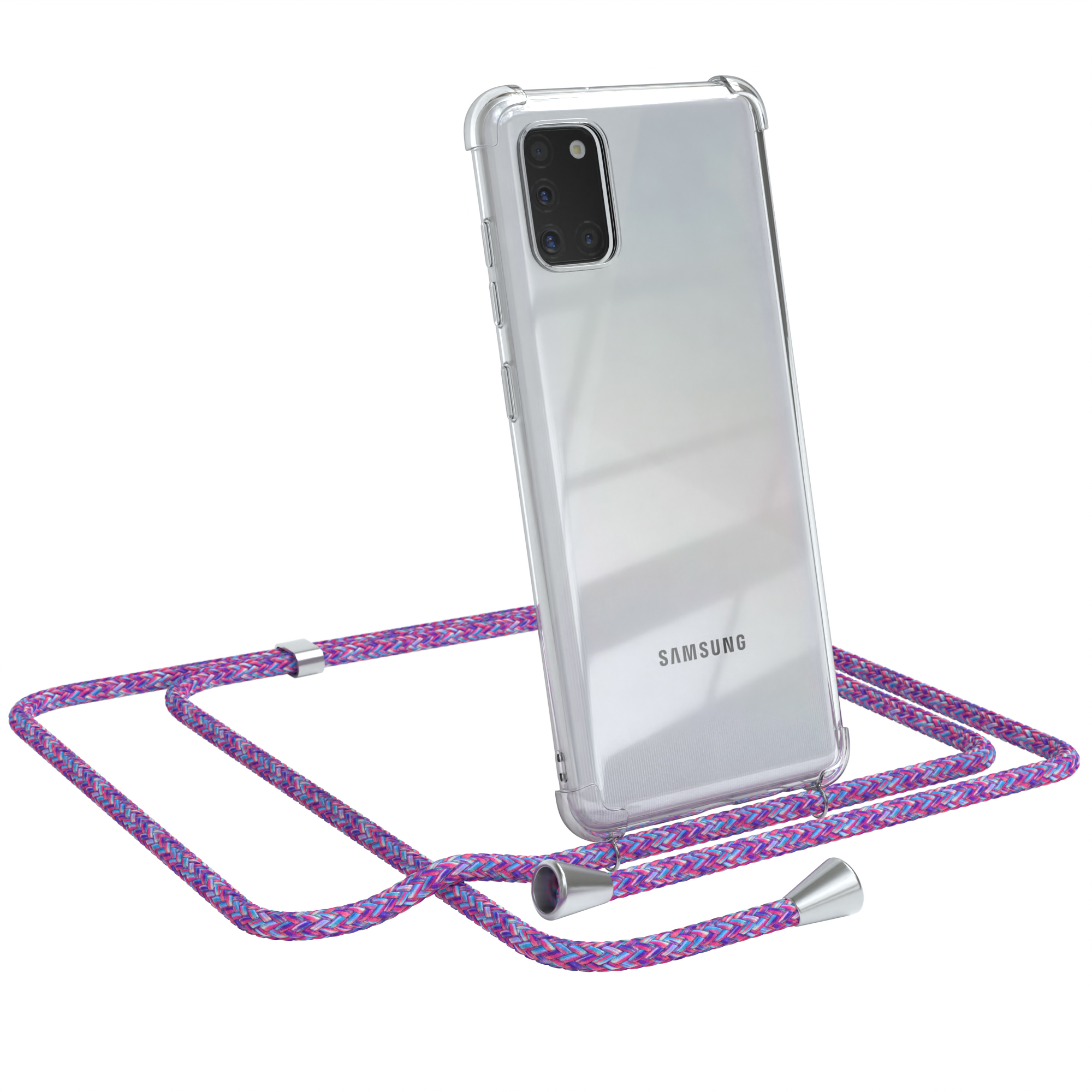 Telefon in klarer Hülle mit pink-blauem Umhängeband.