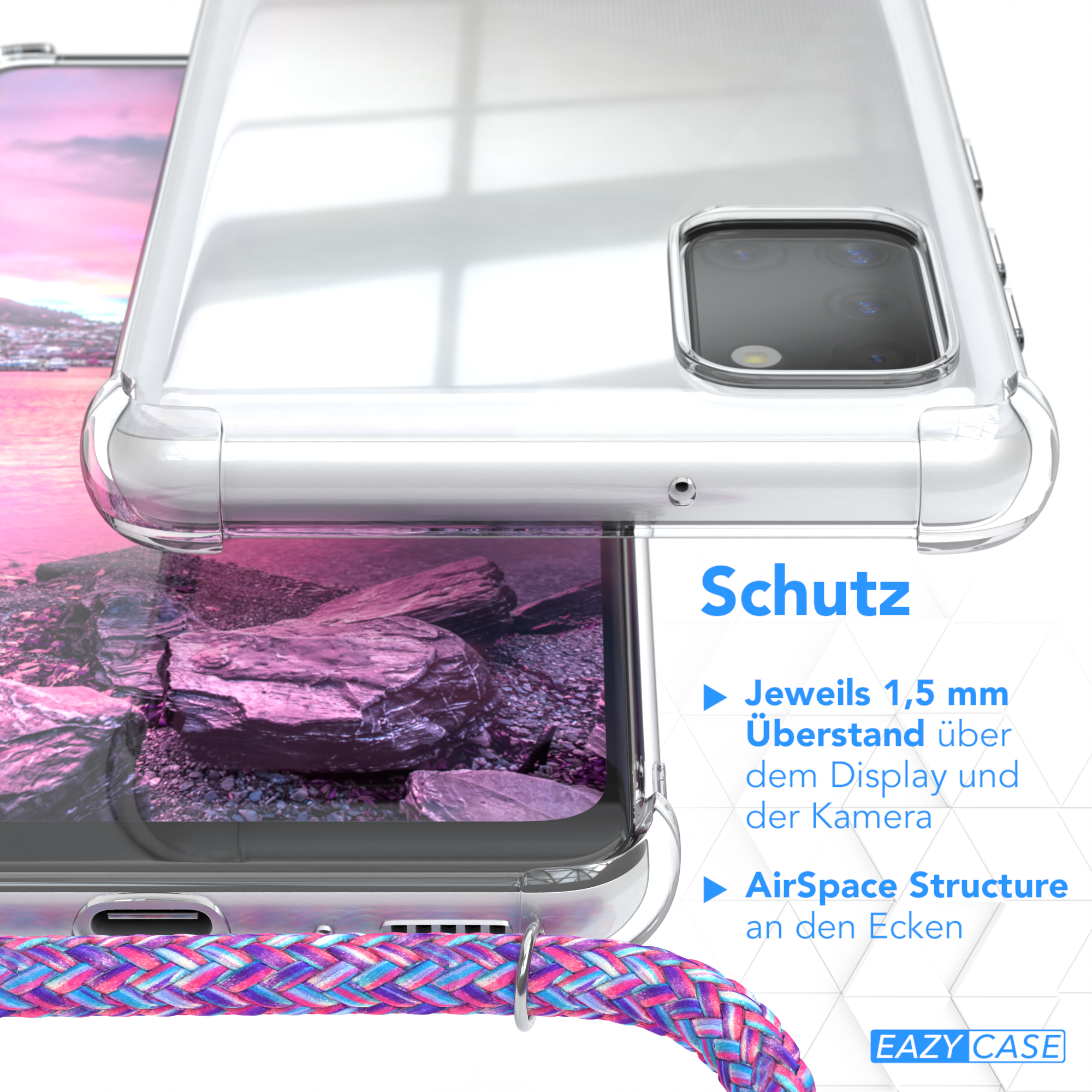 Ein Telefon in einer transparenten Hülle, Nahaufnahme. Text über Schutzfunktionen und Eazy Case Logo sind sichtbar.