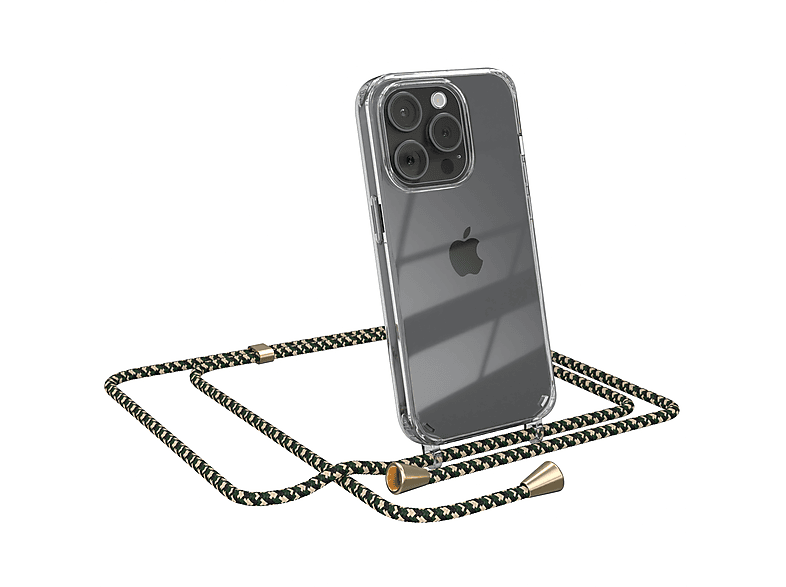 EAZY CASE Clear Cover mit Umhängeband, Umhängetasche, Apple, iPhone 15 Pro, Grün Camouflage / Clips Gold | Handyketten