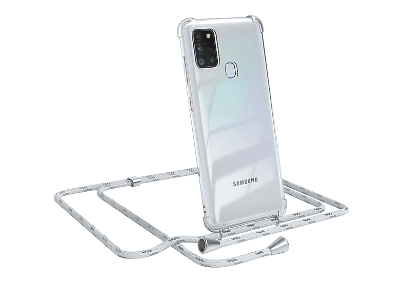 Umhängeband, Cover Galaxy A21s, Umhängetasche, Clips Silber Samsung, Weiß Clear / EAZY mit CASE