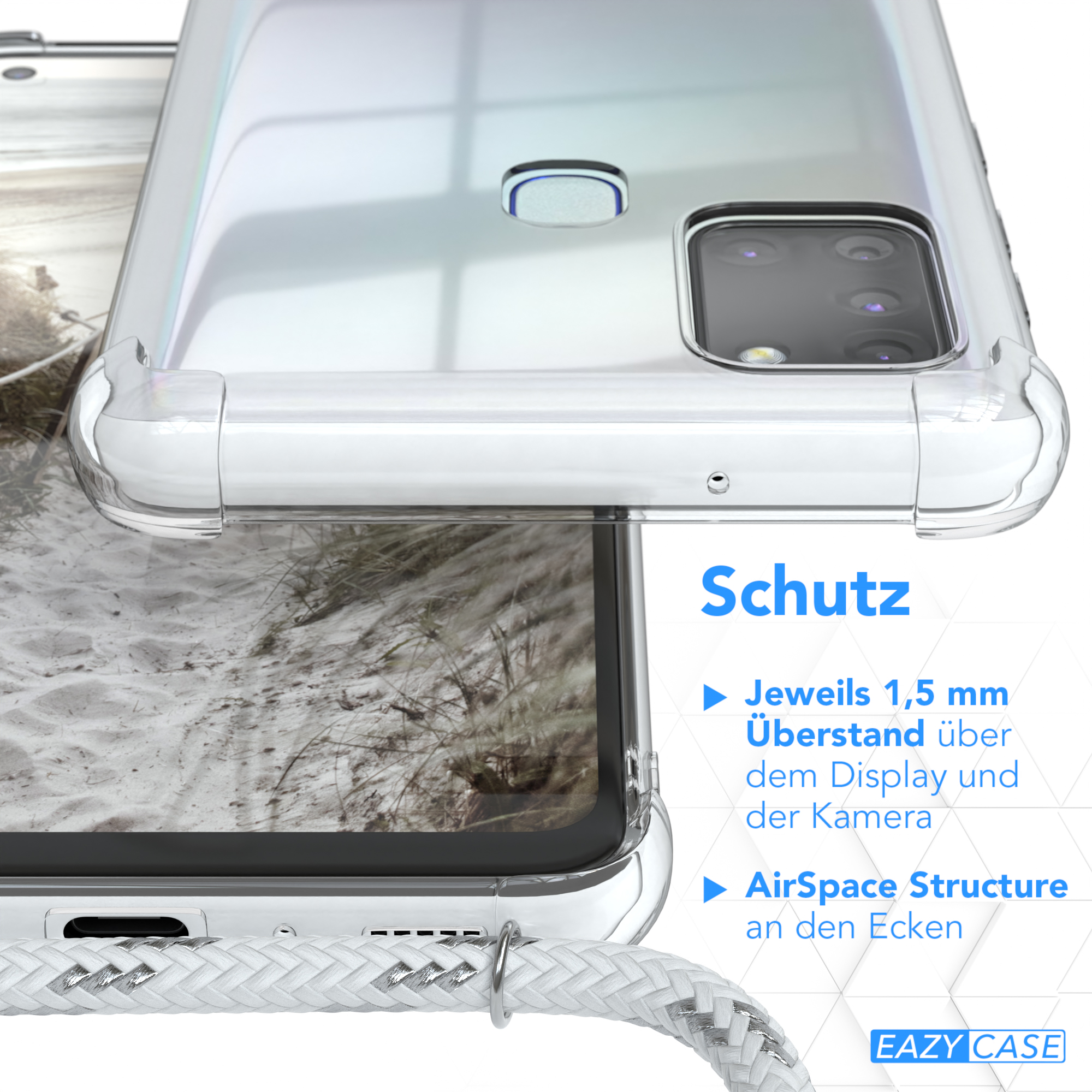 Umhängeband, Cover Galaxy A21s, Umhängetasche, Clips Silber Samsung, Weiß Clear / EAZY mit CASE