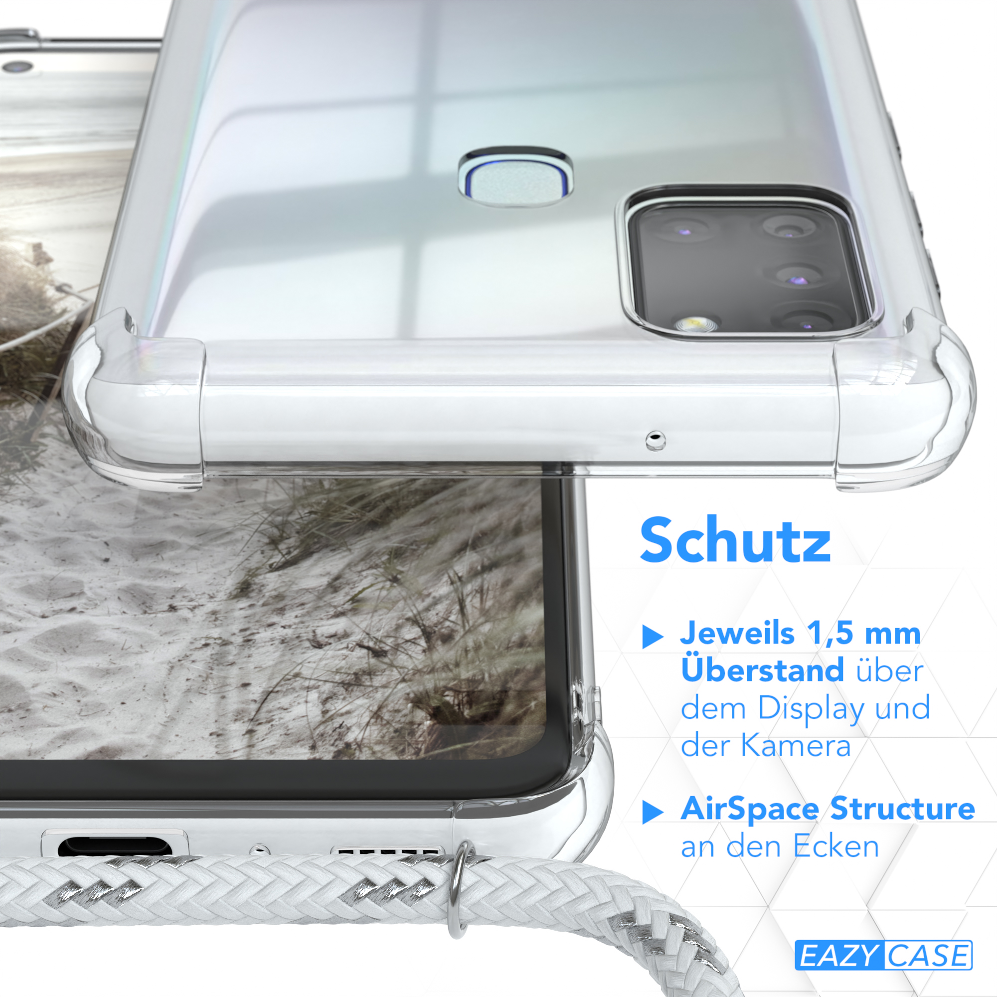 Transparente Handyhülle auf einem Telefon, mit Text über Display- und Kameraschutz.