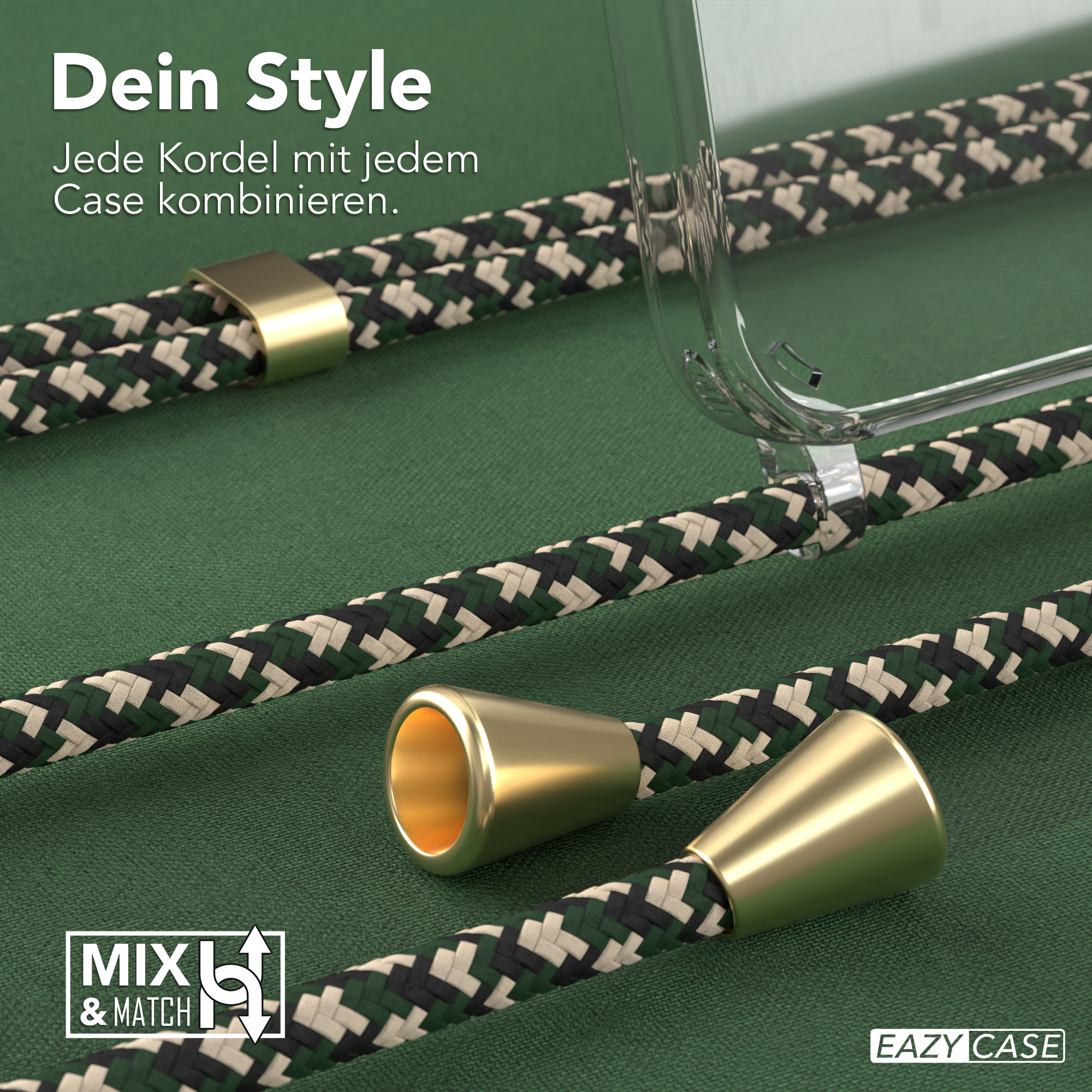 Nahaufnahme einer Handyhülle mit Lanyard. Die Hülle hat goldfarbene Akzente.