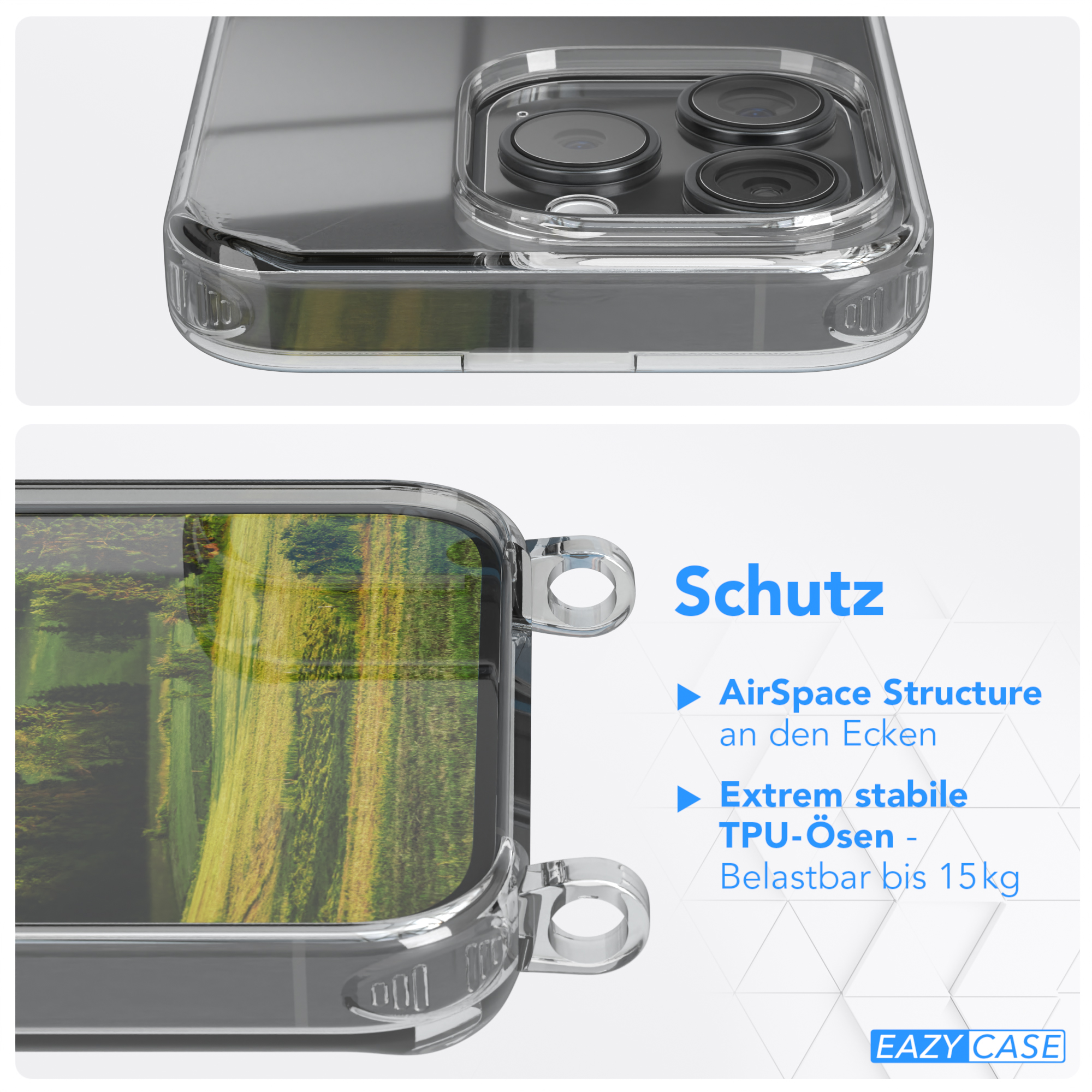 Nahaufnahme einer Handyhülle, mit Text: 'AirSpace Structure', 'Extrem stabile TPU-Ösen' und Markenlogo.