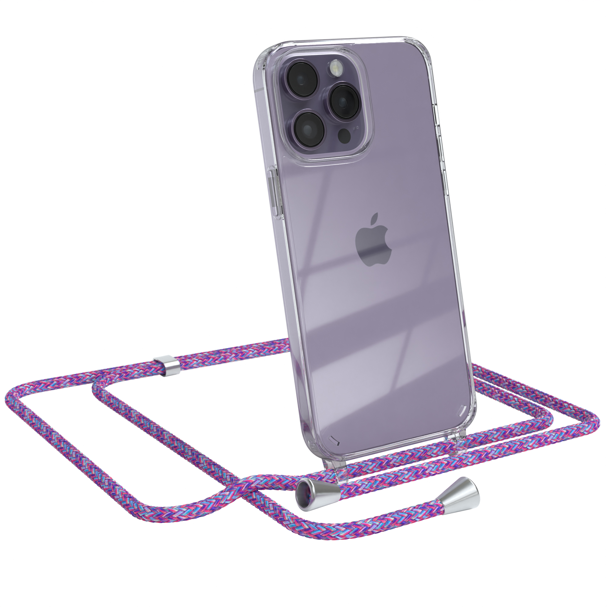 EAZY CASE Apple, Cover Silber Pro Clear 14 iPhone mit Lila Max, Umhängetasche, Umhängeband, Clips 