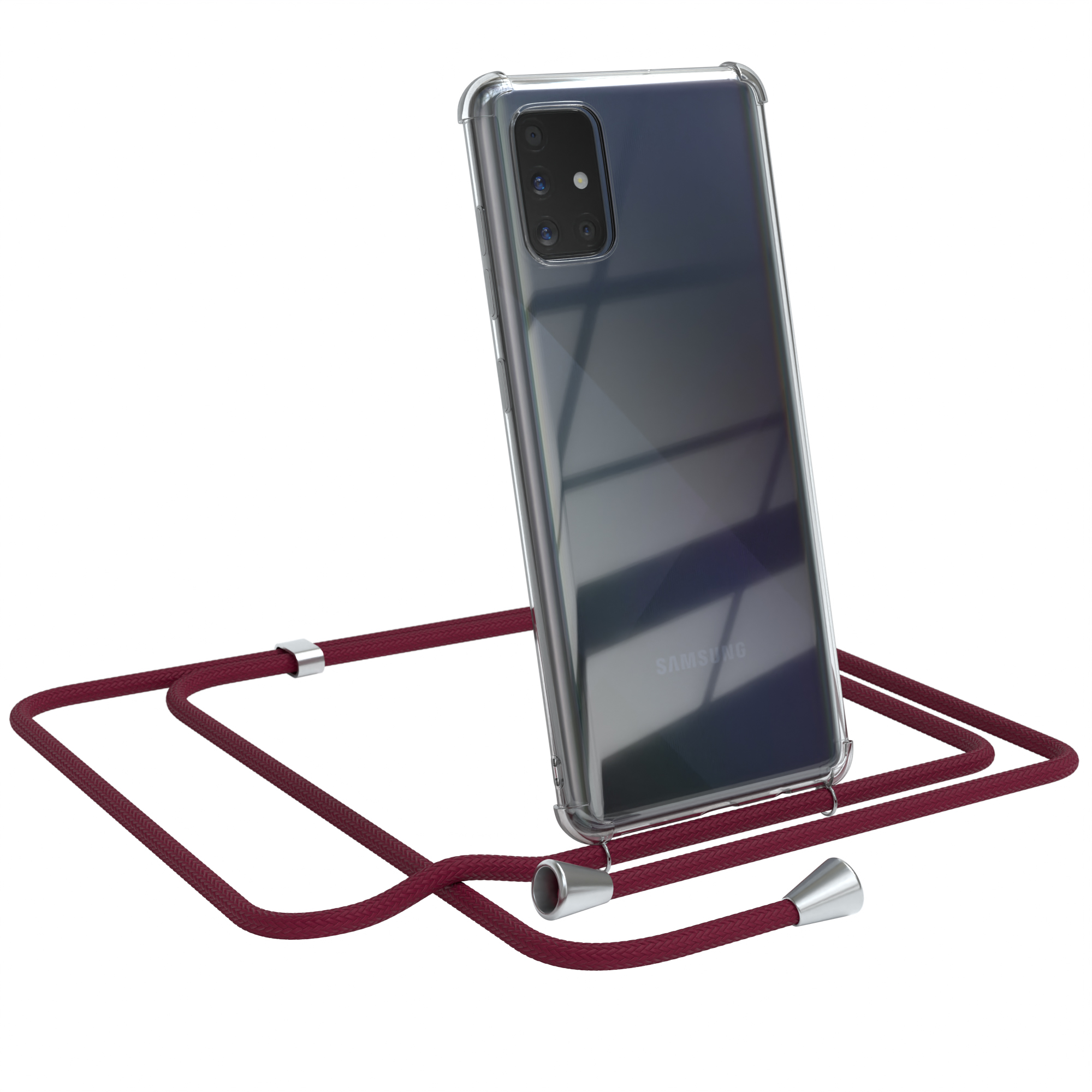 Ein Samsung-Telefon in einer transparenten Hülle mit einem weinroten Lanyard. Das Lanyard ist an der Hülle befestigt.