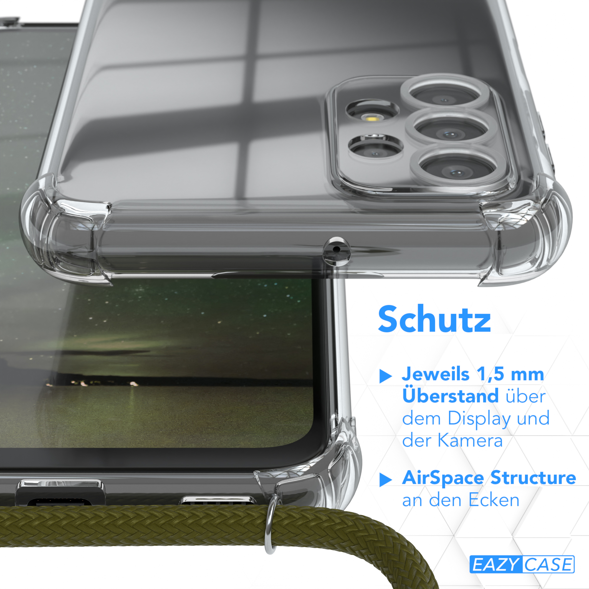 Transparente Handyhülle, grüne Kordel. Text: Schutz, AirSpace Structure. Telefon auf einem Bildschirm.