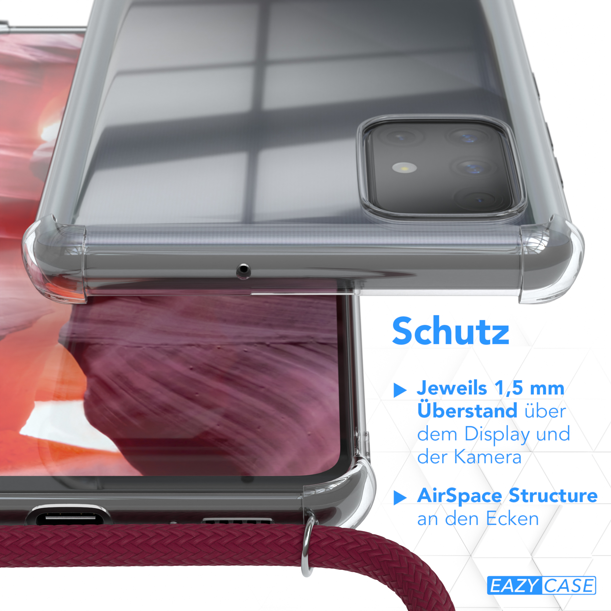 Transparente Handyhülle mit rotem Seil. Text: Schutz, 1,5 mm über Display und Kamera.