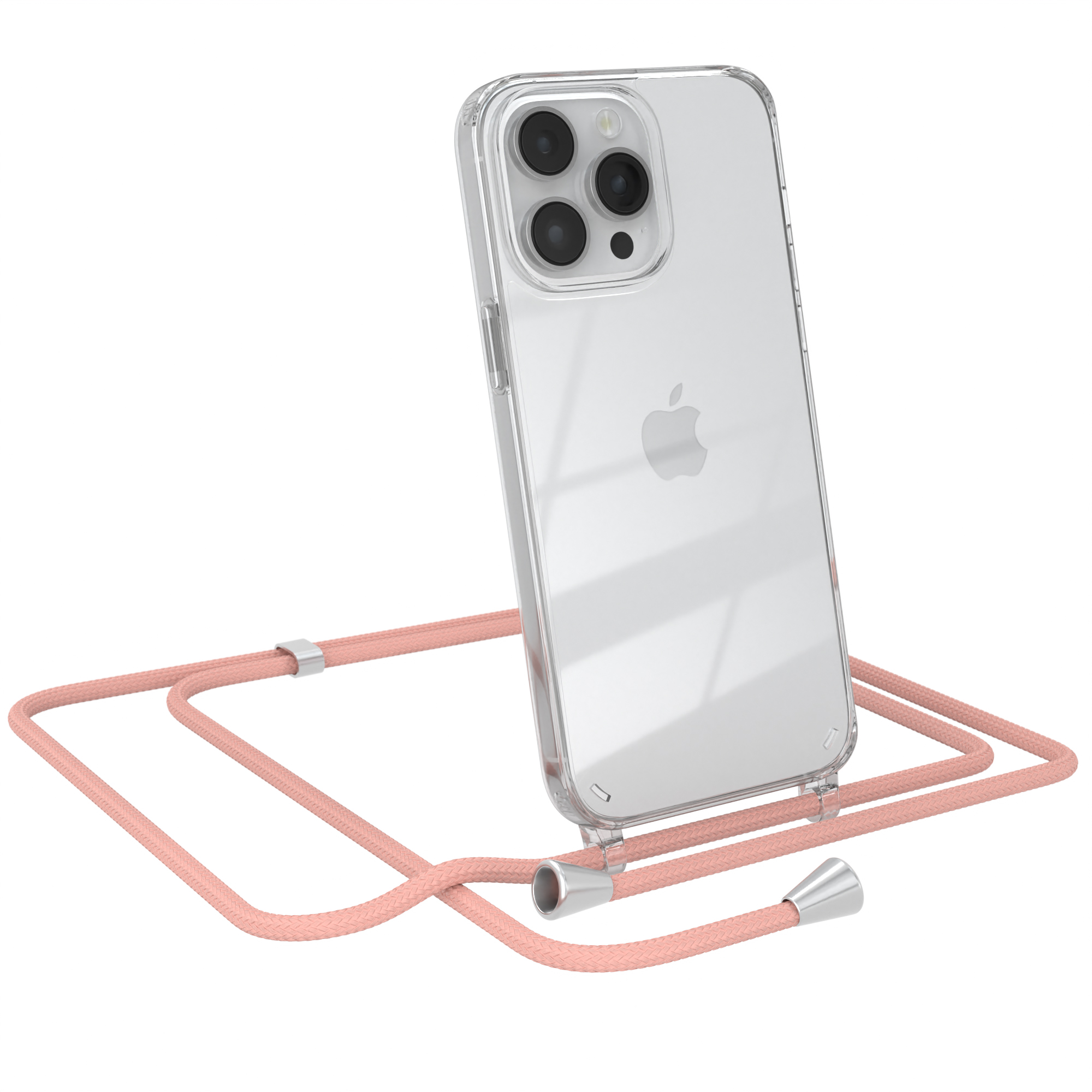 Transparente Handyhülle mit Lanyard, rosa Schnur. Telefon hat Dreifach-Kamera.