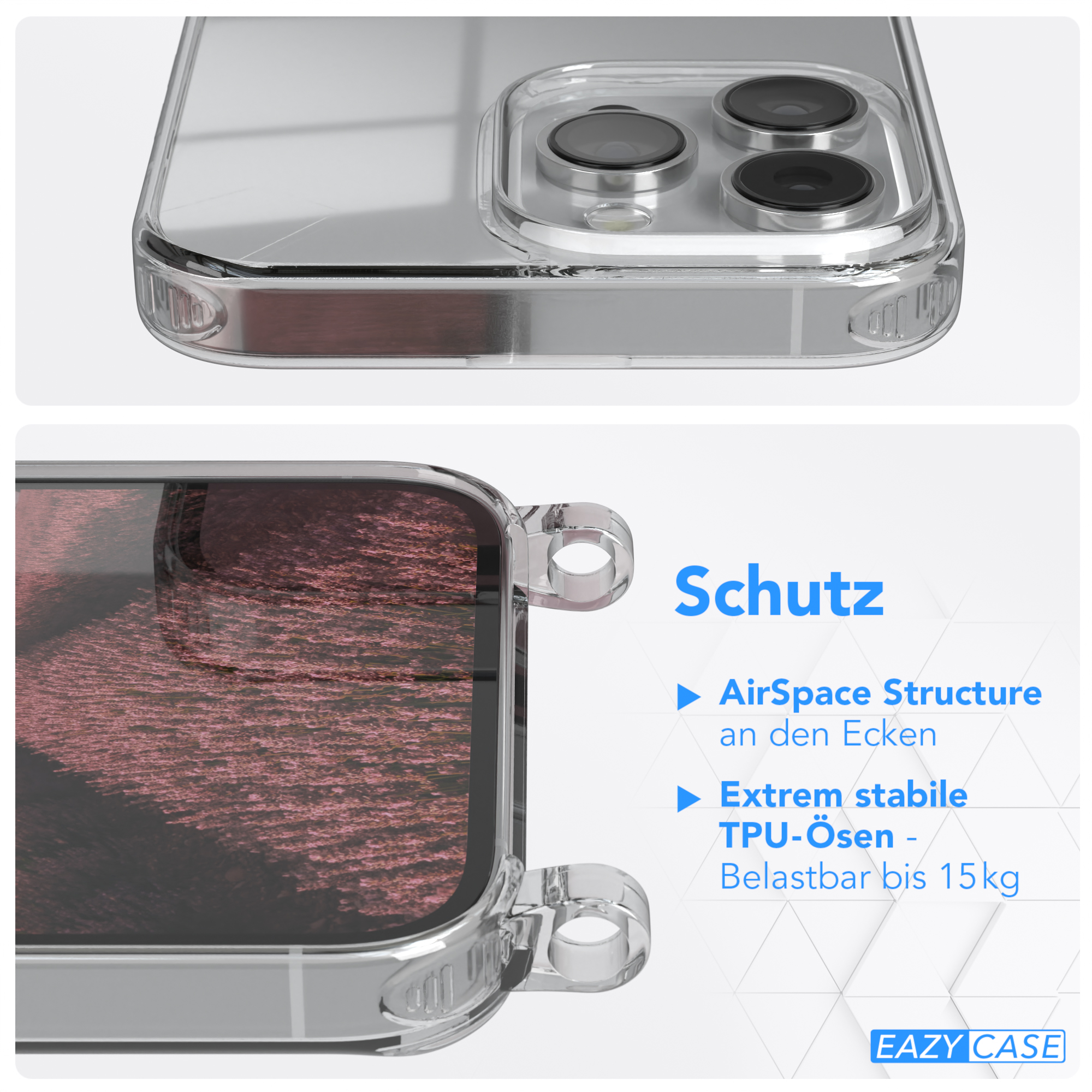 Transparente Handyhülle auf einem Telefon mit Schutz-Text und AirSpace Structure Beschreibung.