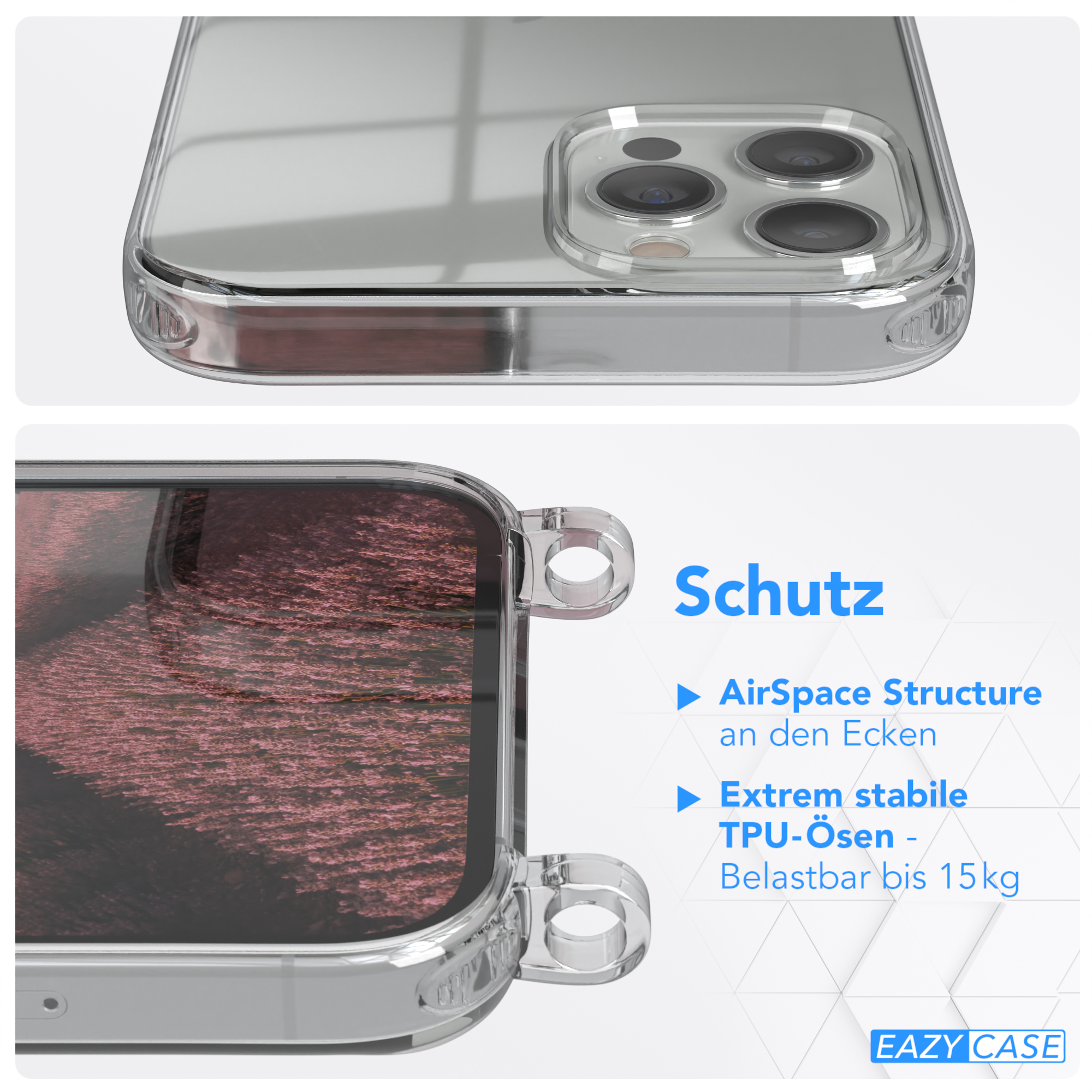 Nahaufnahme der Handyhülle mit Schutzfunktionen. Text hebt AirSpace- und TPU-Schutz hervor.