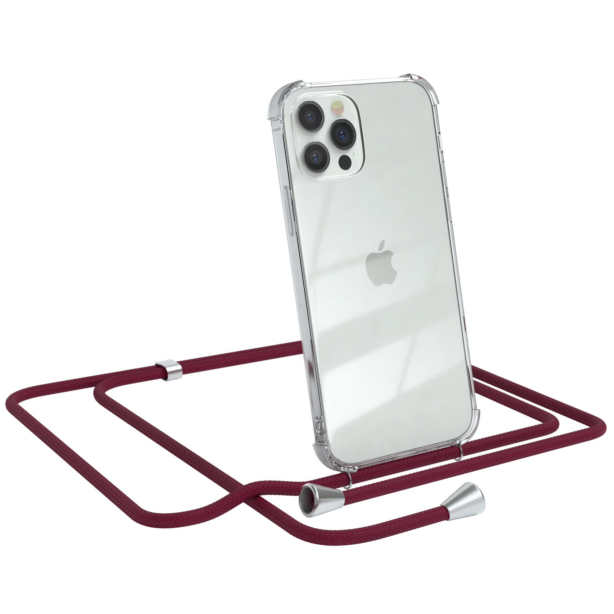 EAZY CASE Clear Cover mit Bordeaux 12 Apple, / Silber Clips / iPhone Umhängeband, Umhängetasche, 12 Rot Pro