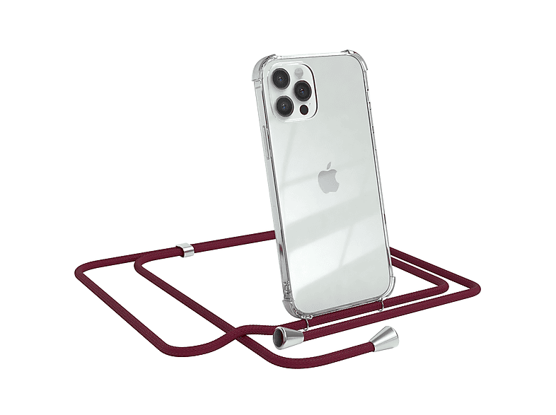 EAZY CASE Clear Cover mit Umhängeband, Umhängetasche, Apple, iPhone 12 / 12 Pro, Bordeaux Rot / Clips Silber