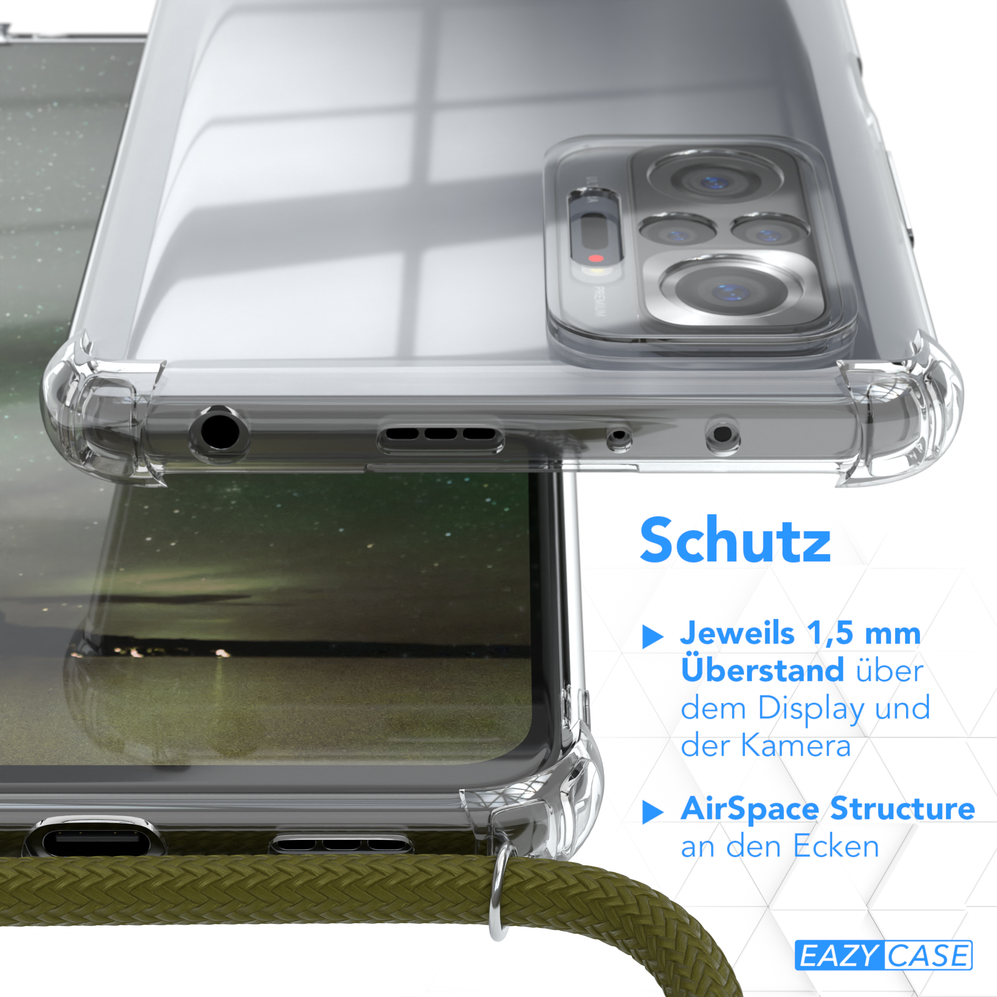 Transparente Handyhülle auf einem Telefon, grüner Riemen. Text liest sich 'Schutz' und Details zur Hülle.