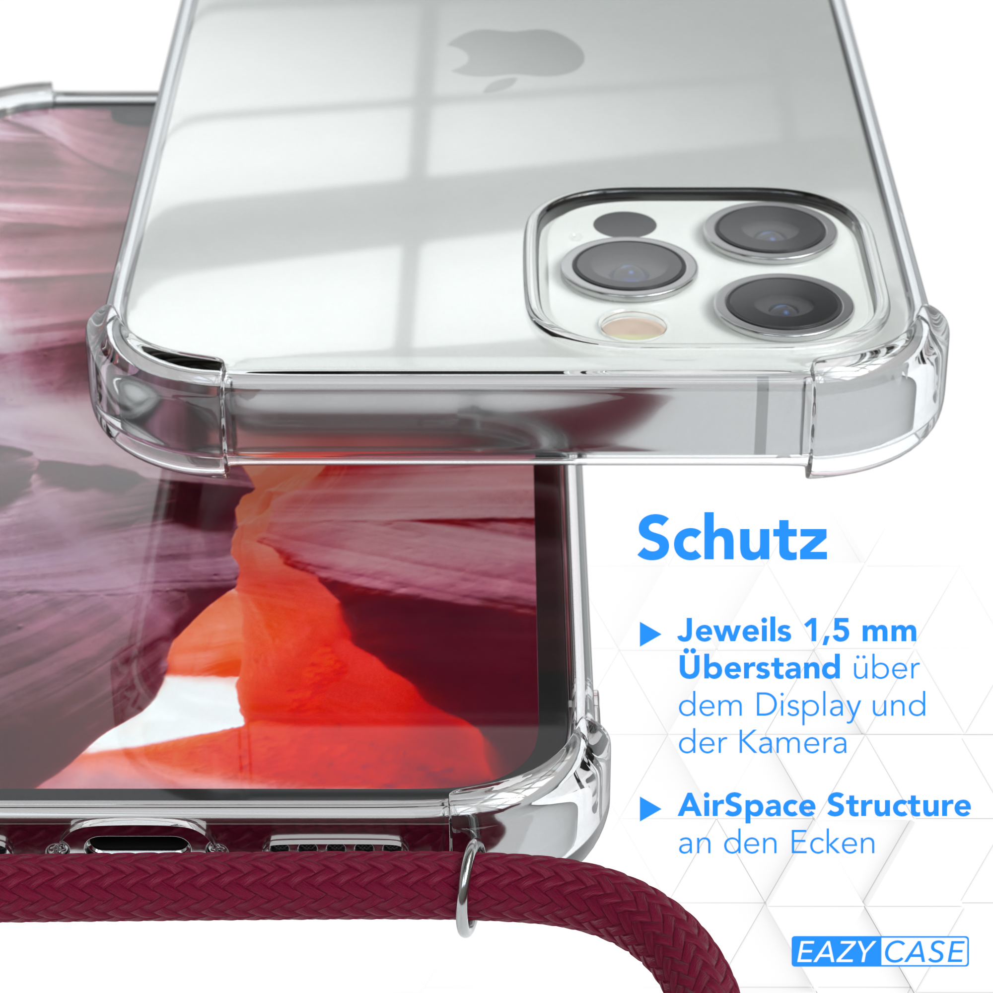Silber Umhängeband, Rot Umhängetasche, 12 mit Bordeaux iPhone Cover Apple, / 12 Pro, Clips CASE EAZY / Clear