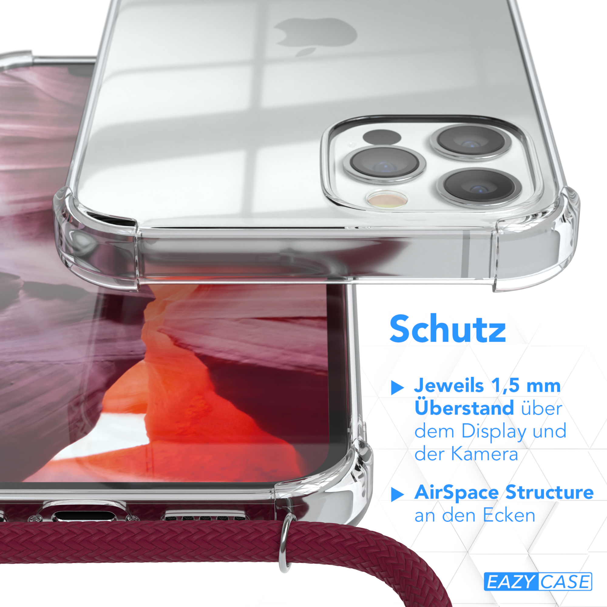 Nahaufnahme einer transparenten Handyhülle, zeigt zwei Hüllen. Text: Schutz. Merkmale: 1,5 mm über Display.