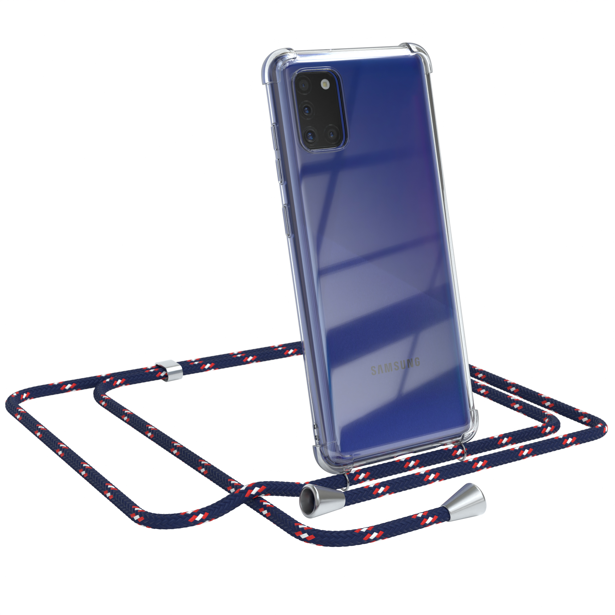 Transparente Handyhülle mit blau-weiß-rotem Umhängeband. Das Telefon zeigt ein Samsung-Logo.