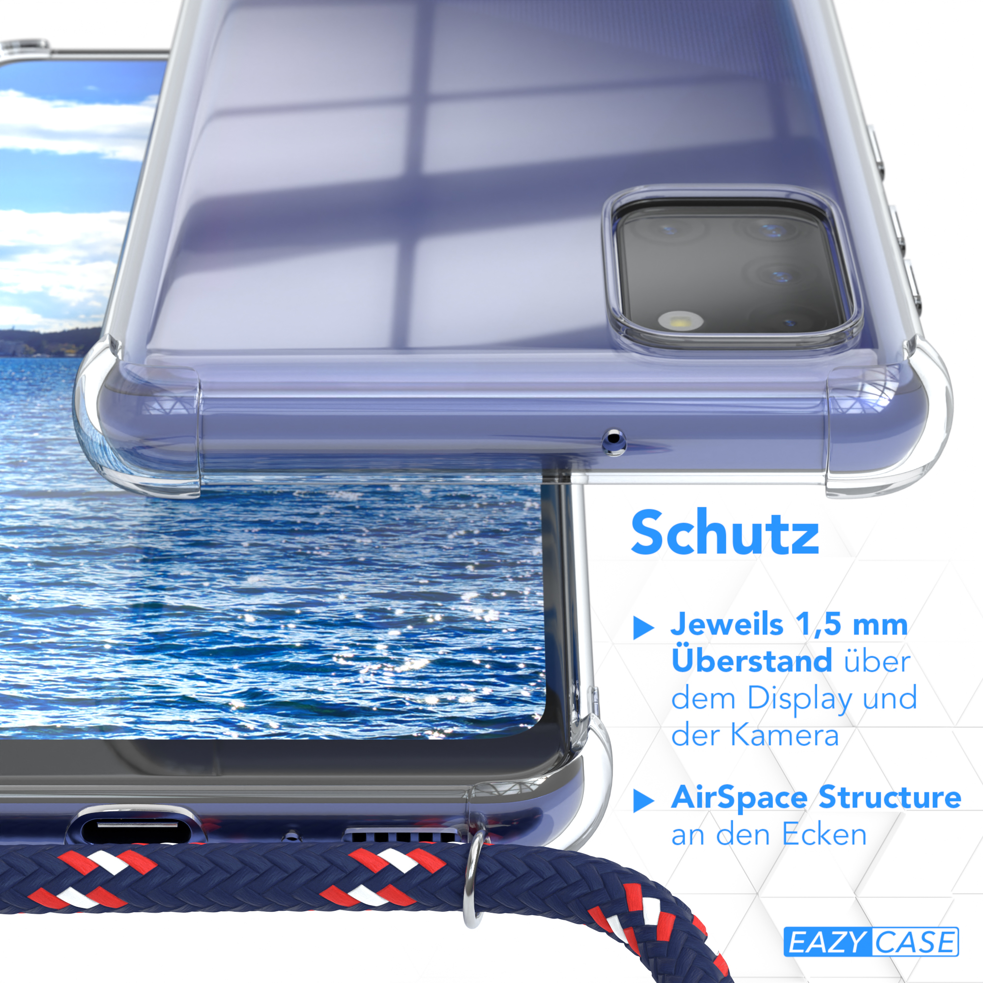 Nahaufnahme einer Handyhülle, die das Telefon und einen blau-roten Handyriemen zeigt.