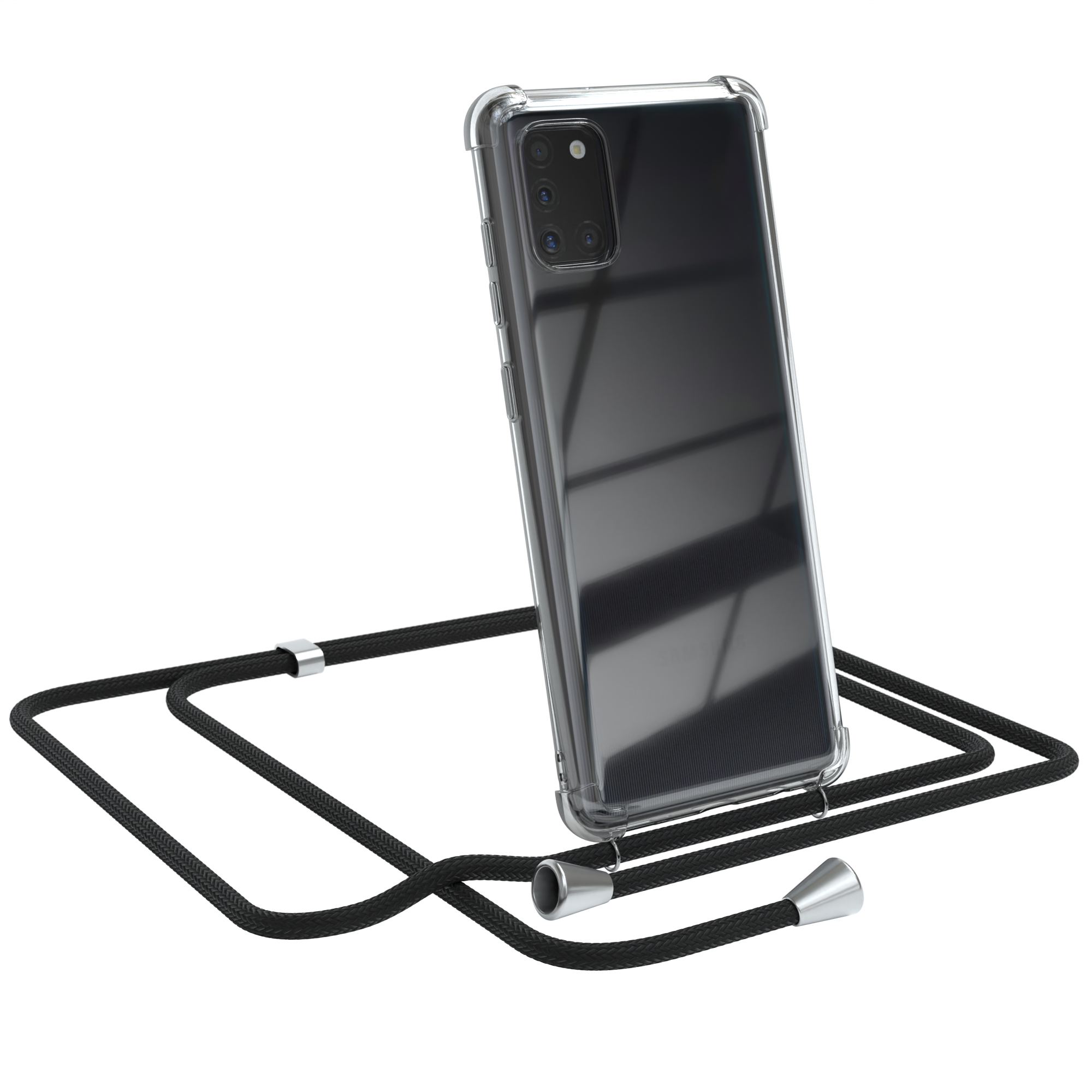 Transparente Handyhülle mit schwarzem Lanyard. Das Telefon ist schwarz.