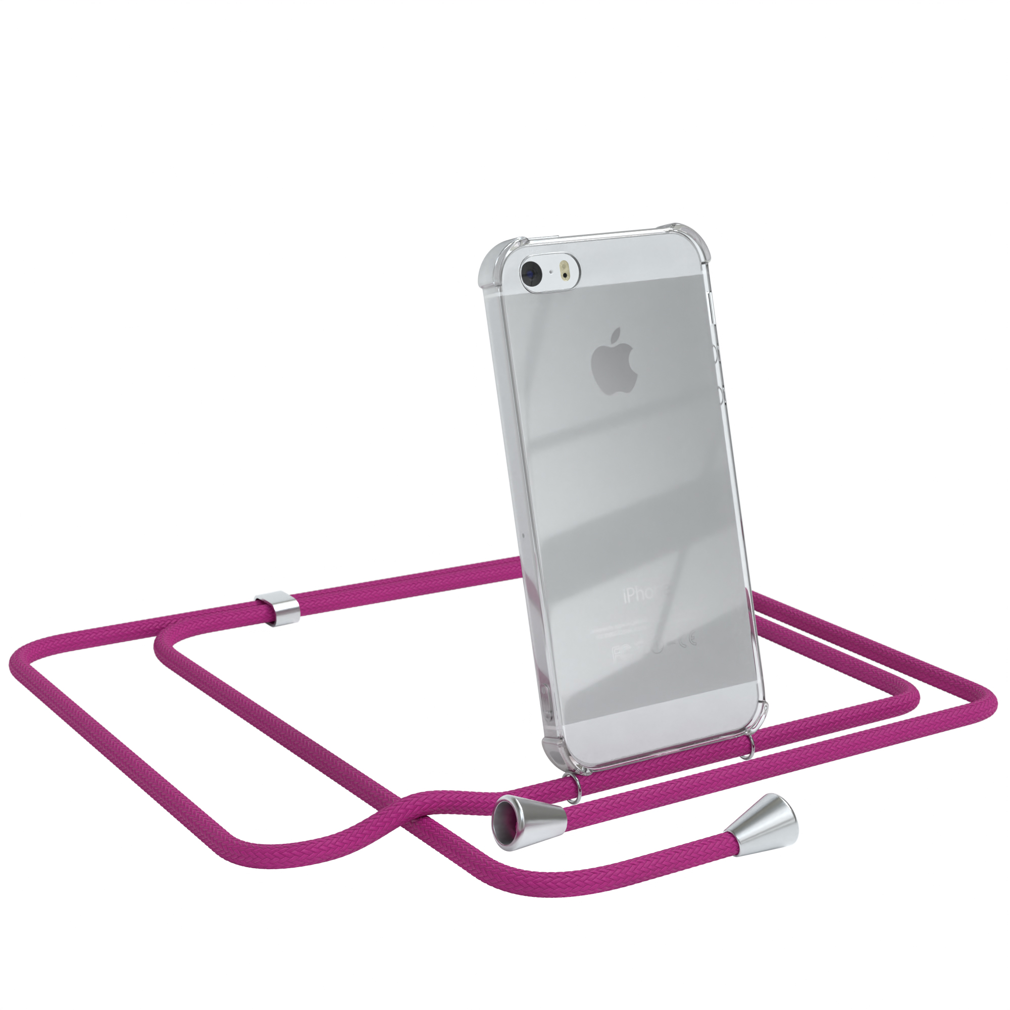 Ein Telefon in einer transparenten Hülle mit pinkfarbenem Lanyard. Apple-Logo sichtbar. Weißer Hintergrund.
